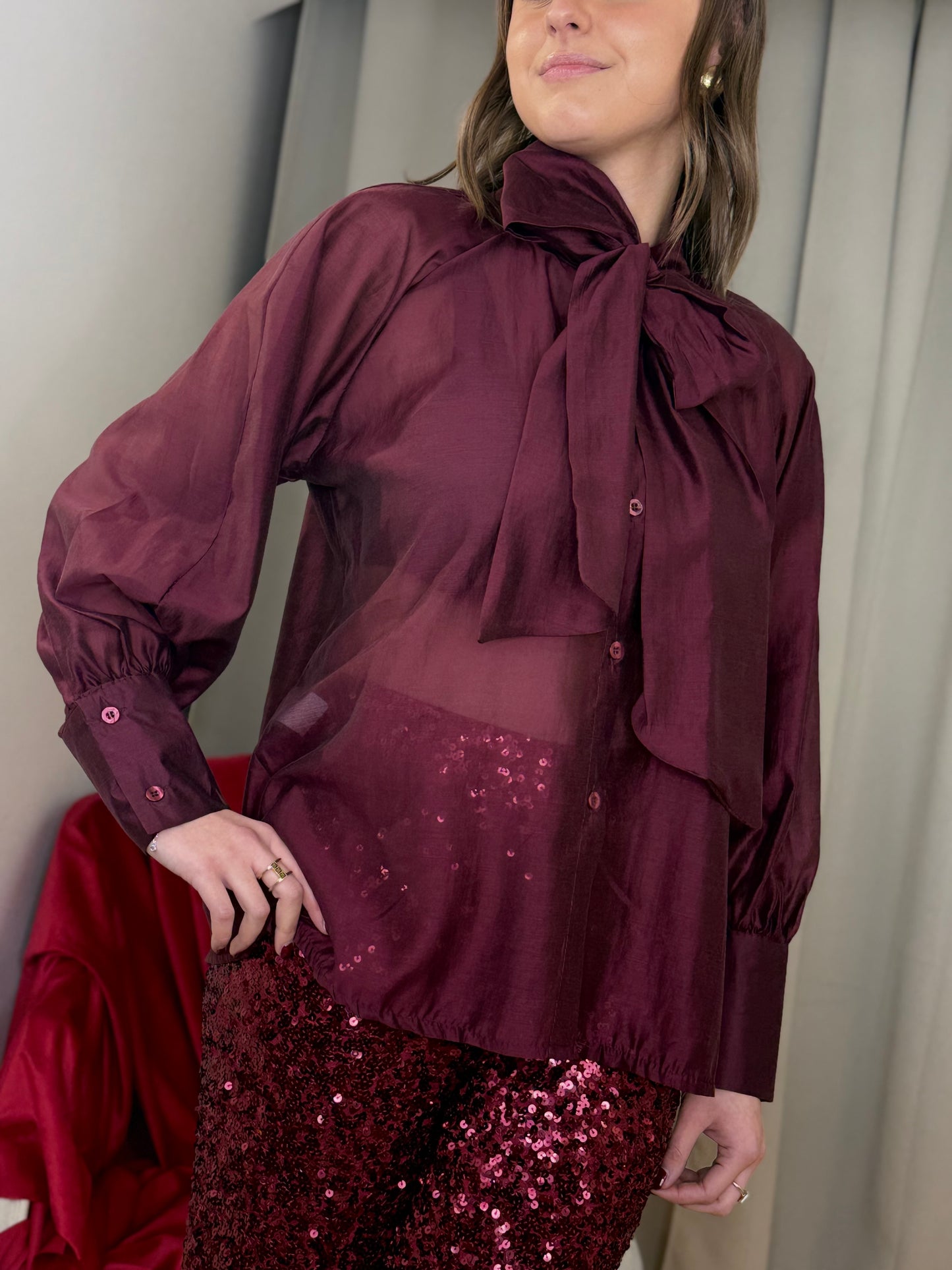 Camicia in tencel con fiocco BORDEAUX