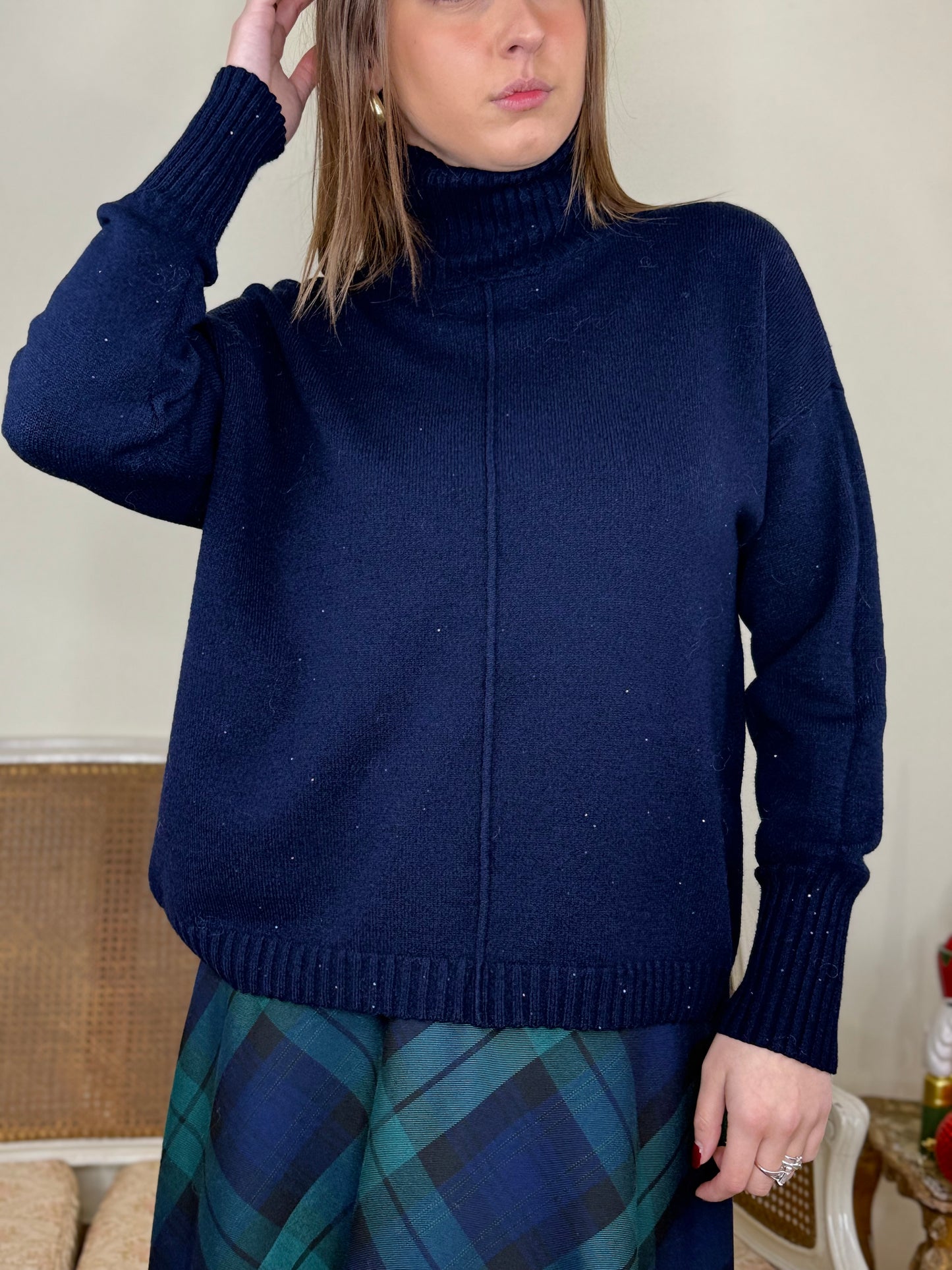 Maglia collo alto micropailettes BLU SCURO