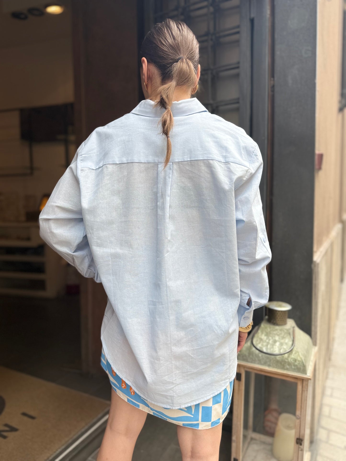 Camicia cotone e lino GESSO/ CIELO