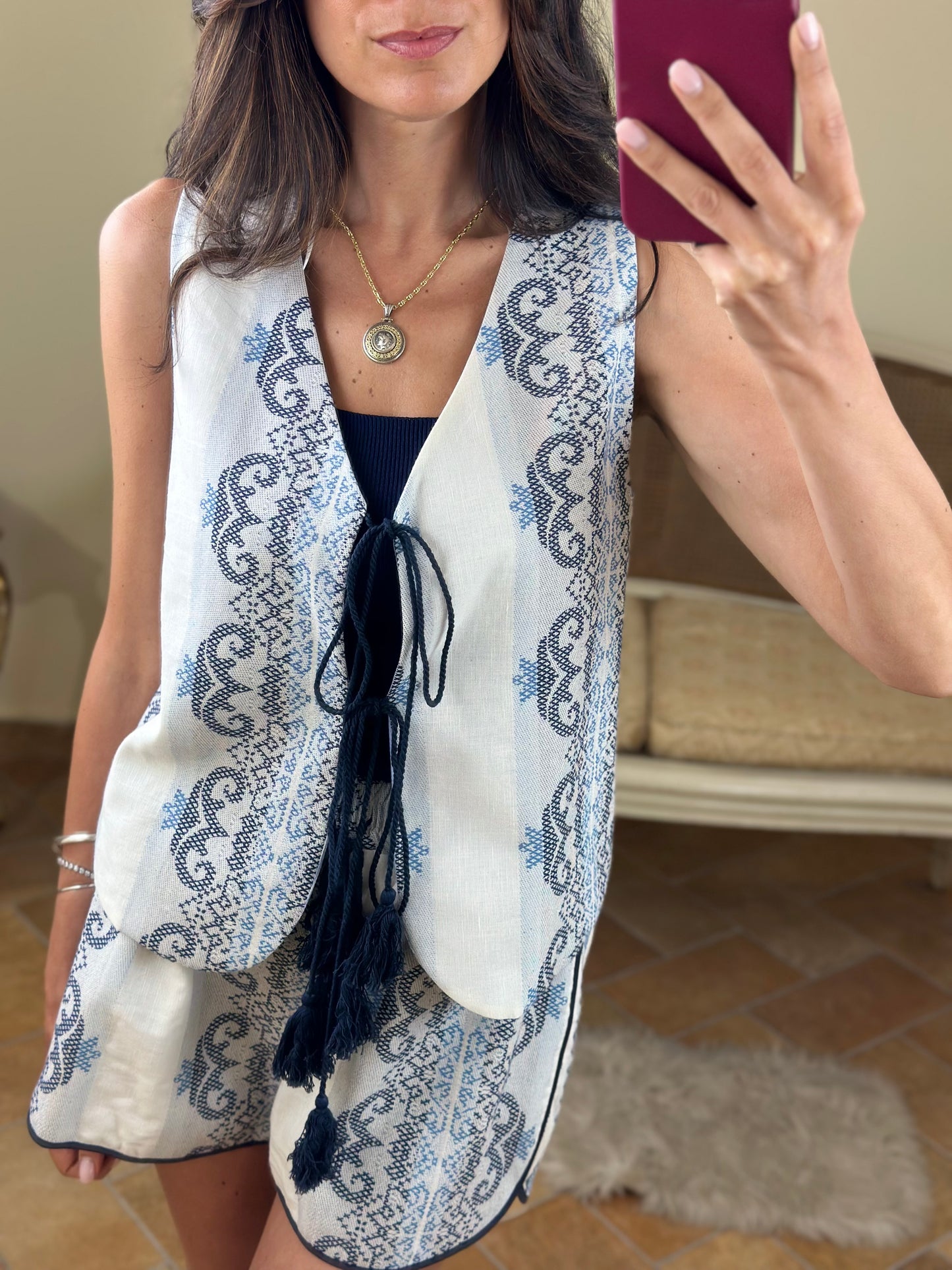 Tensione in Gilet fantasia e nappine BIANCO/BLU/CELESTE