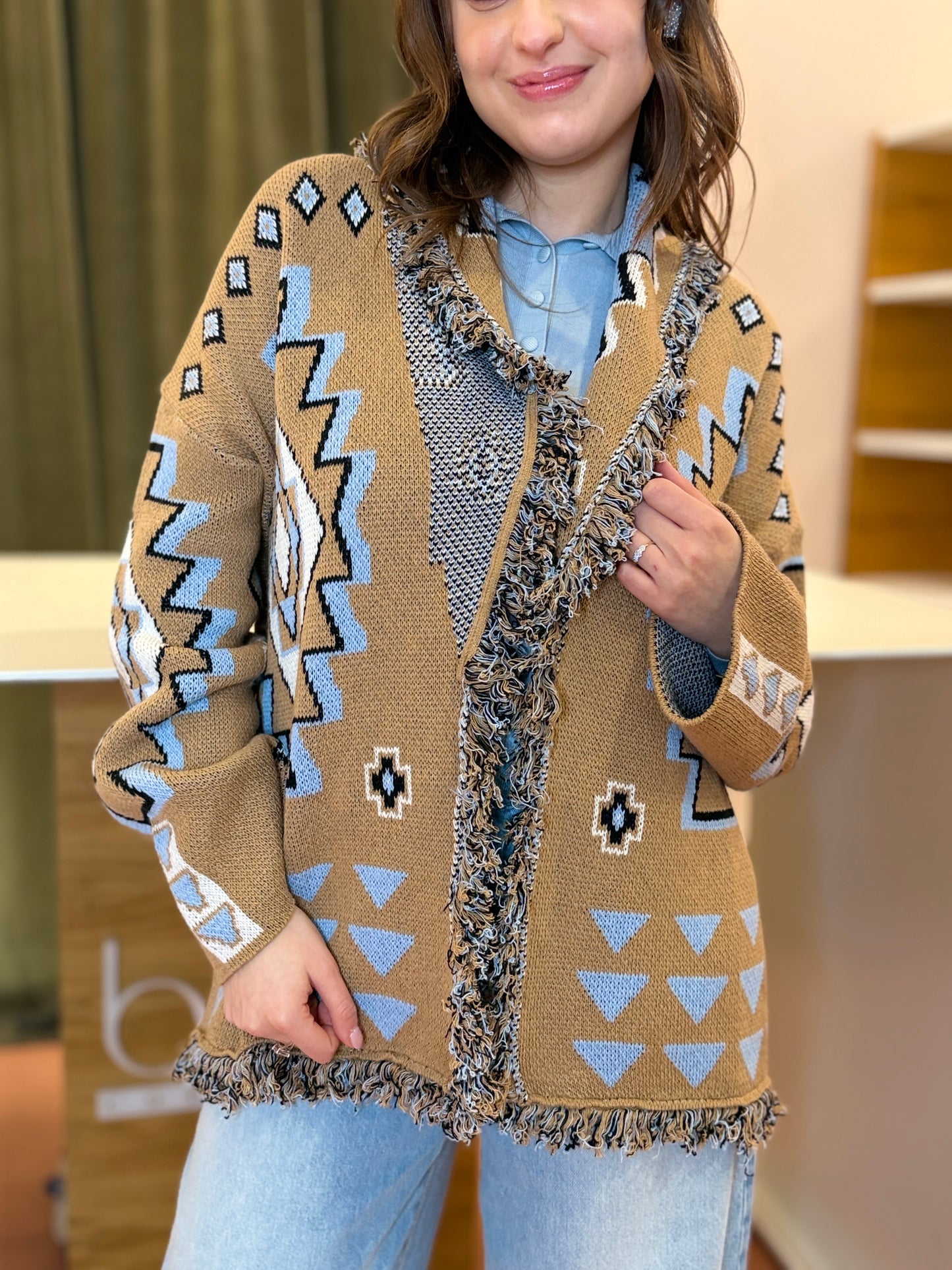 Tensione in cardigan rombo con frange CAMEL/AZZURRO/BURRO