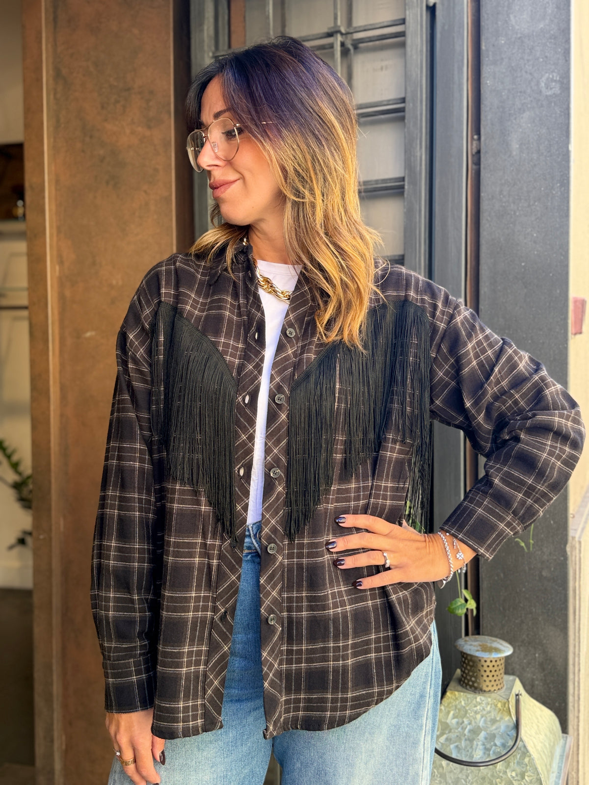 Tensione in camicia quadro frange CIOCCOLATO/MORO/AZZURRO