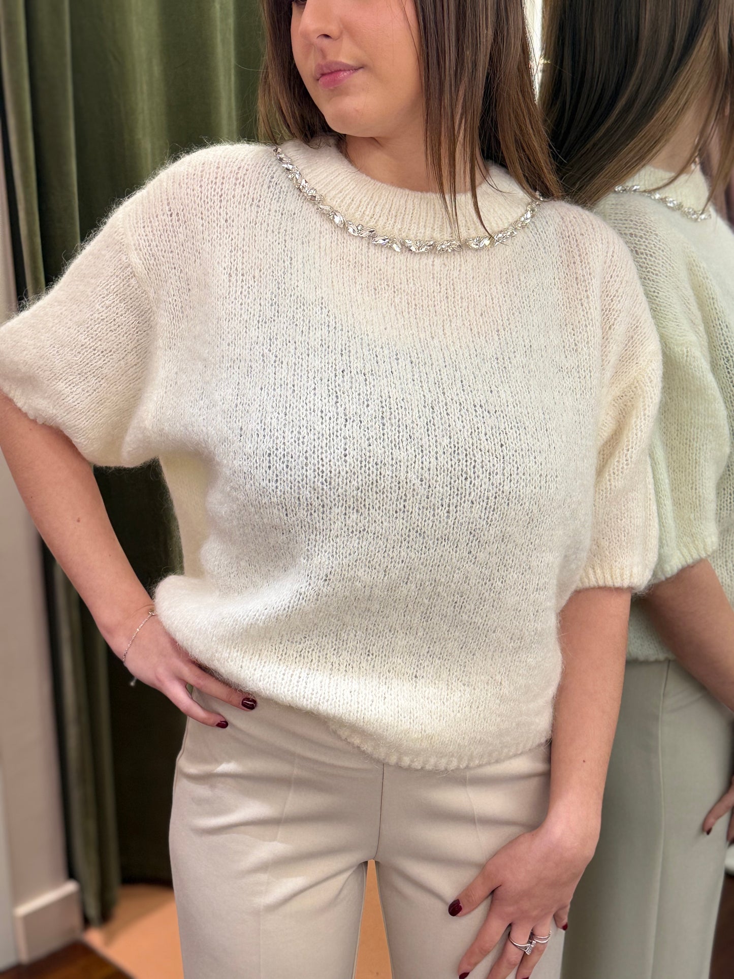 Maglia con girocollo cristalli PANNA