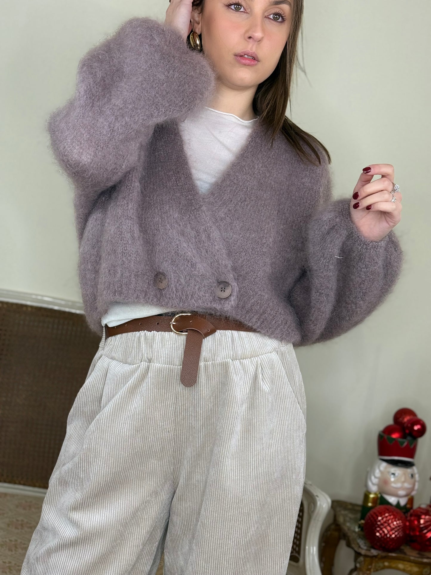 Cardigan cropp in kid mohair scollo a V TAUPE