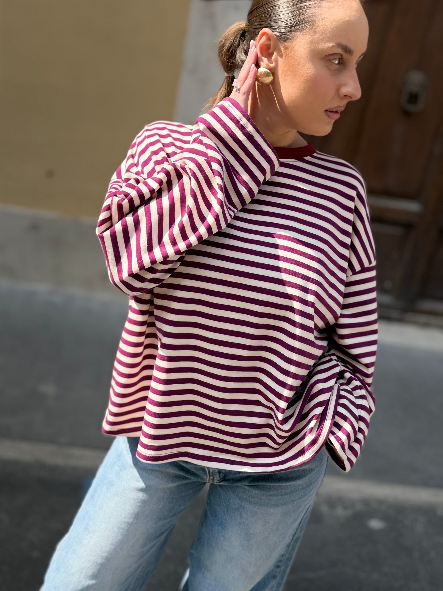 T-Shirt girocollo a righe BORDEAUX/VIOLA/BURRO