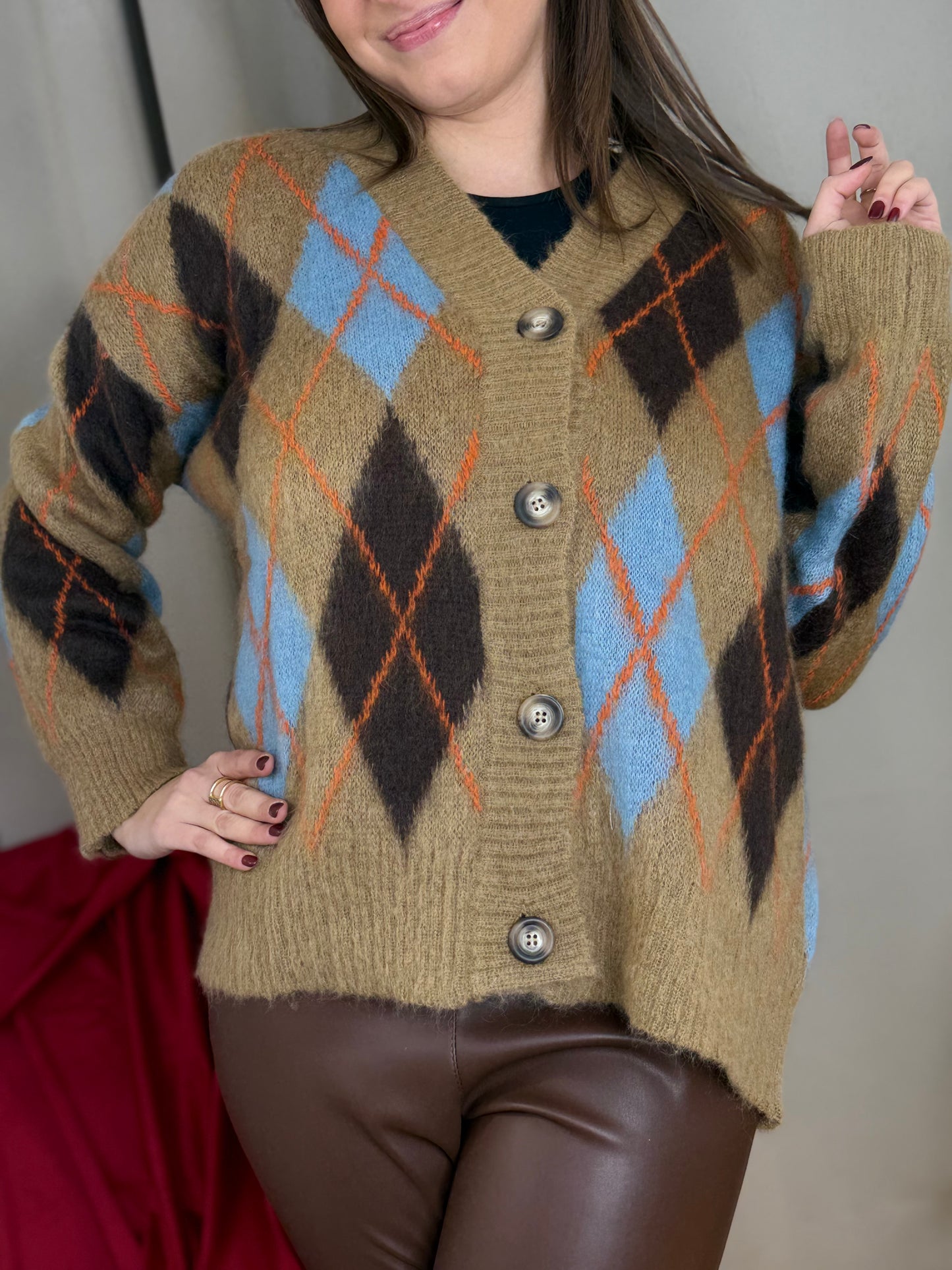 Tensione In cardigan rombi in mohair CAMEL/MORO/AZZURRO