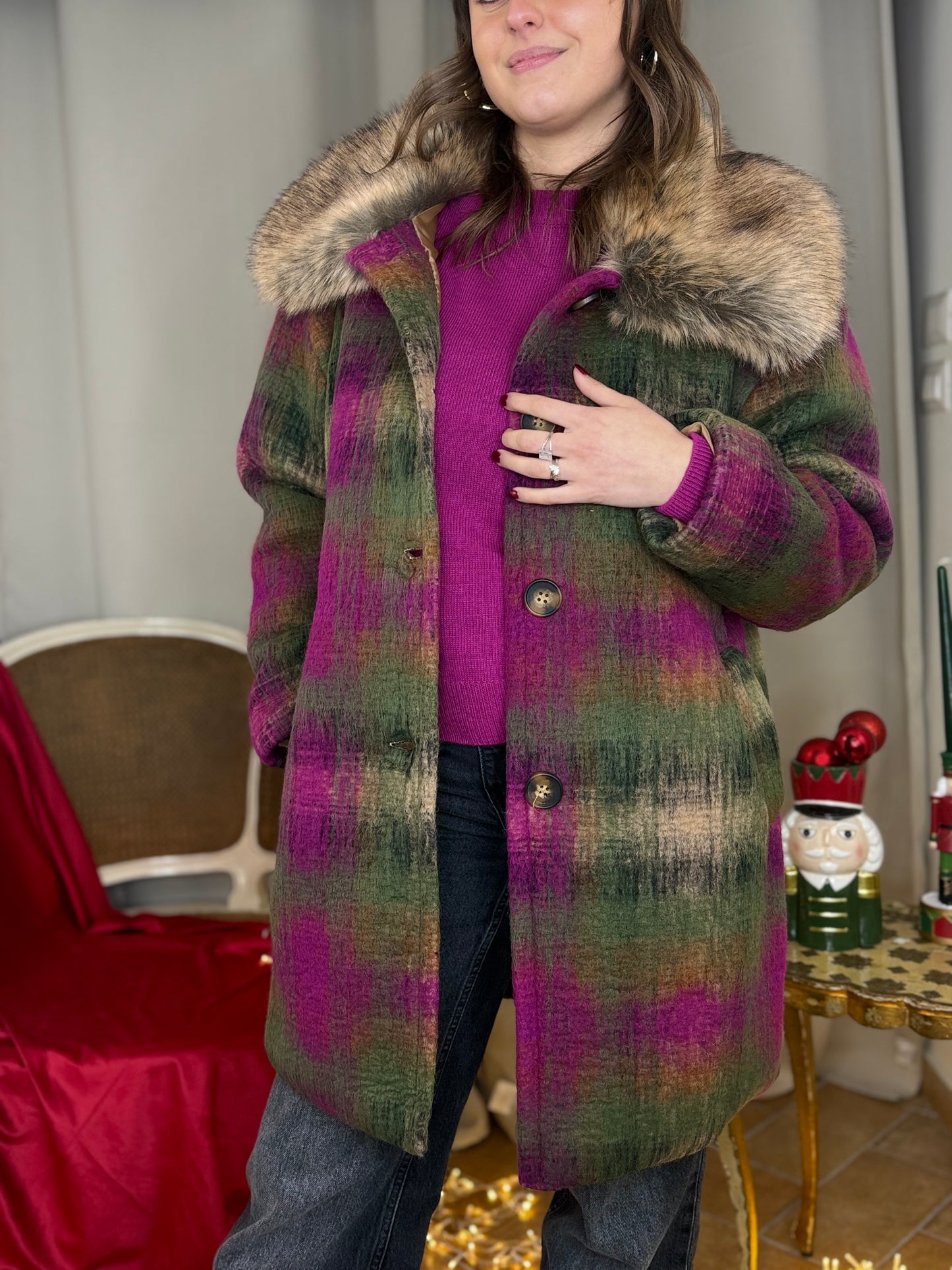 Cappotto in lana midi check con colletto pelliccia MILITARE/BEIGE/FUCSIA