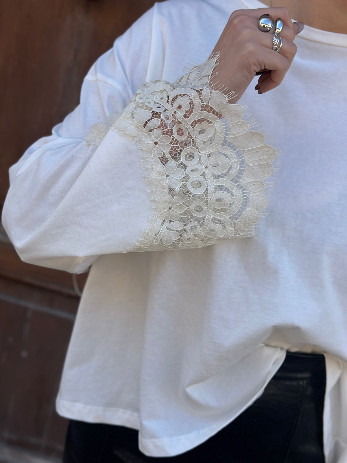 Tensione in T-shirt pizzo PANNA/PANNA