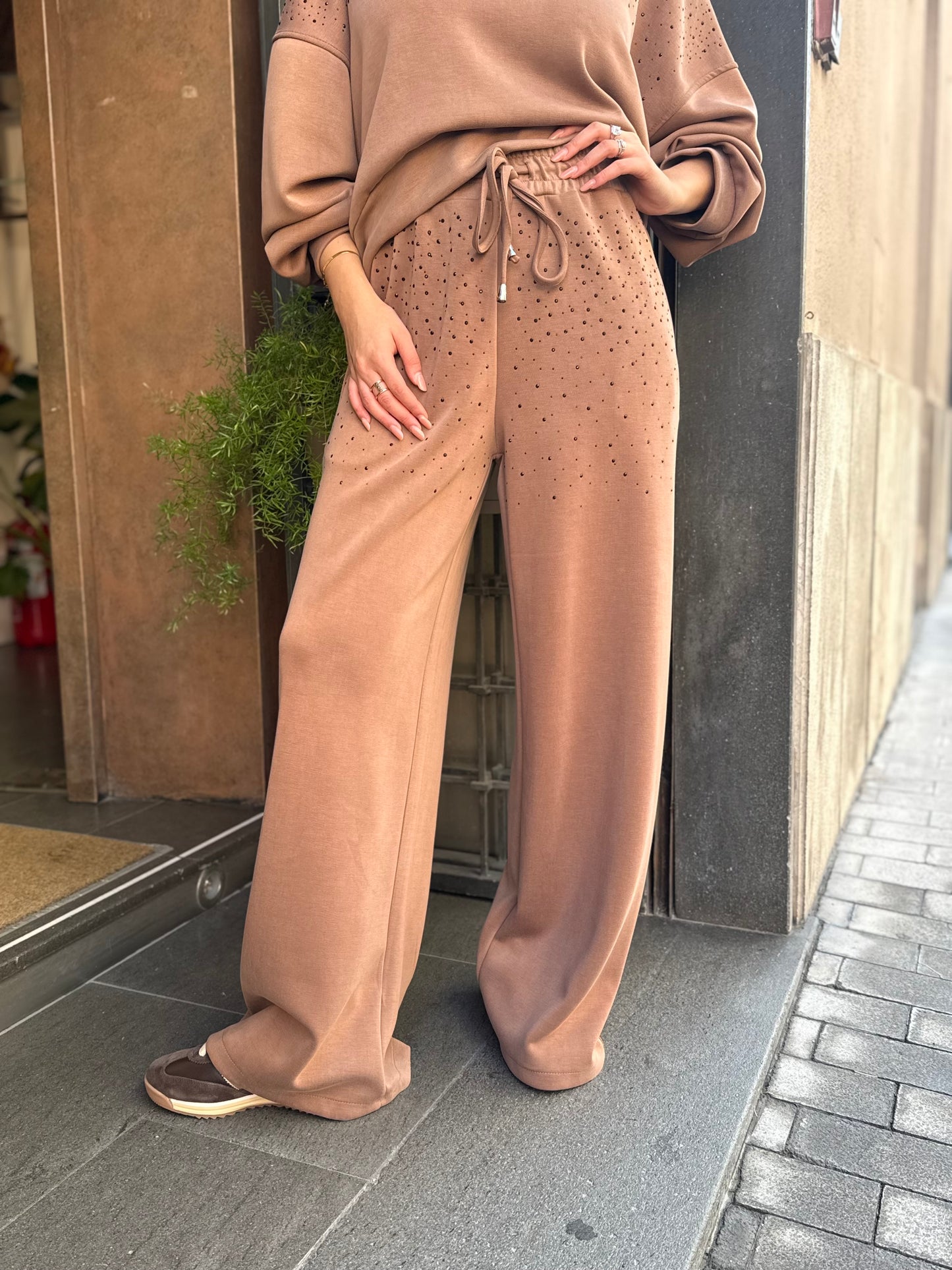 Pantalone a palazzo in modal con strass BEIGE