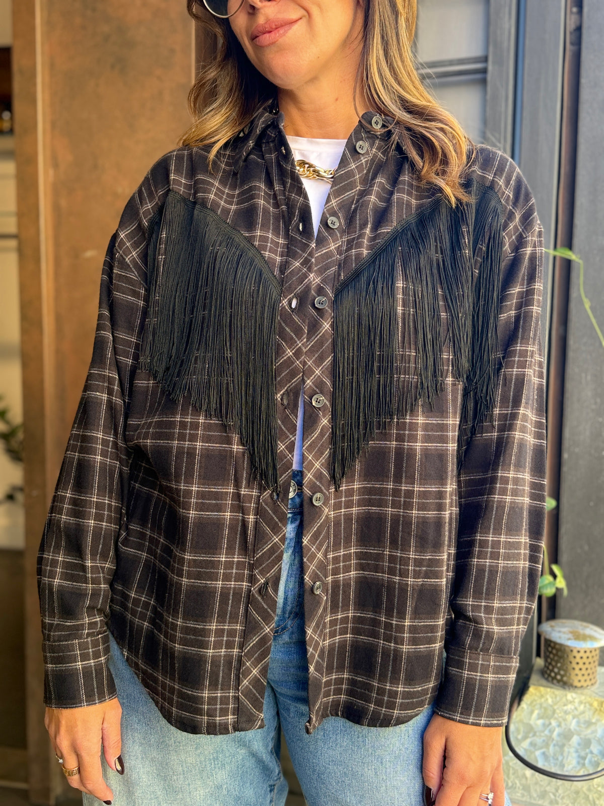 Tensione in camicia quadro frange CIOCCOLATO/MORO/AZZURRO