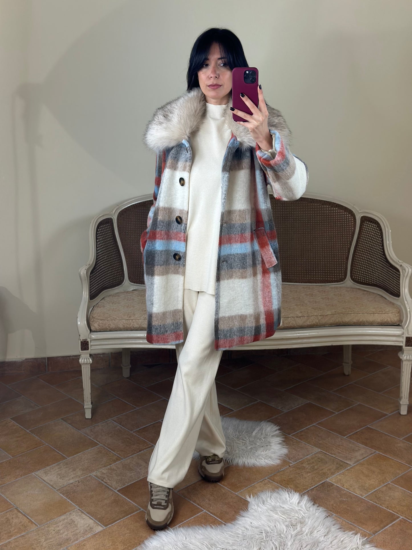 Cappotto in lana midi check con colletto pelliccia  CELESTE/ARANCIO/BEIGE