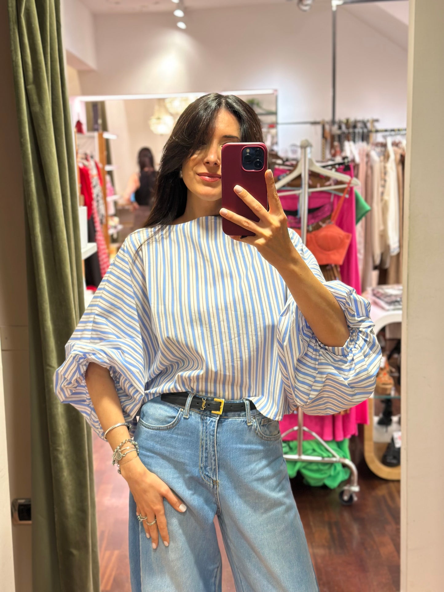 Blusa INES a righe bianco/celeste manica a palloncino