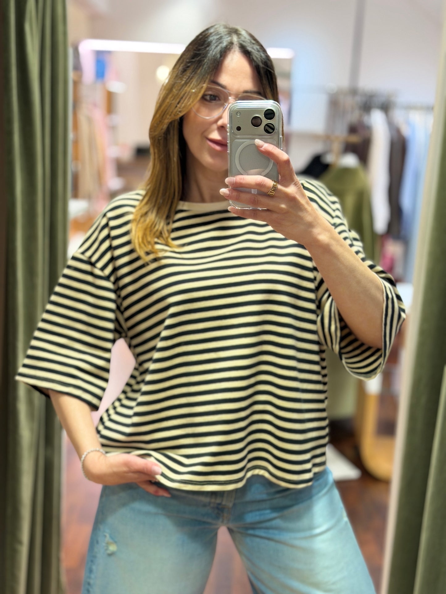 T-shirt a righe manica 3/4 Burro/ Nero