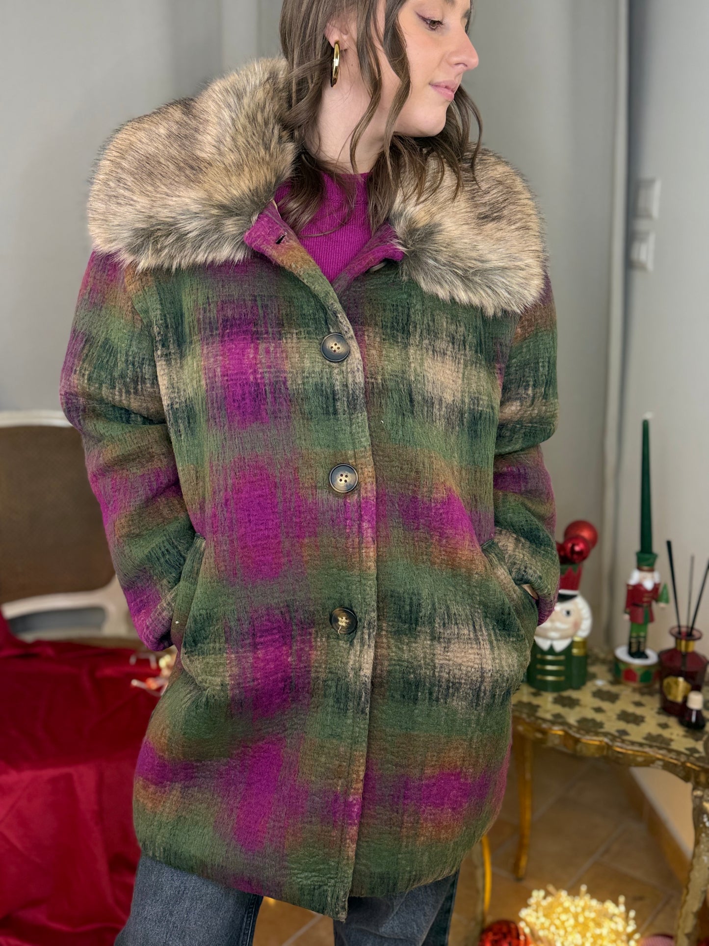 Cappotto in lana midi check con colletto pelliccia MILITARE/BEIGE/FUCSIA