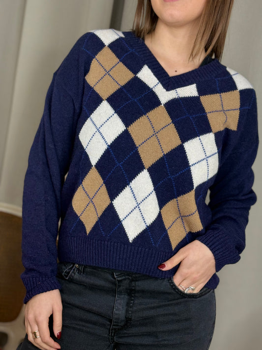 Tensione In maglia a V rombi BLU/BURRO/CAMEL