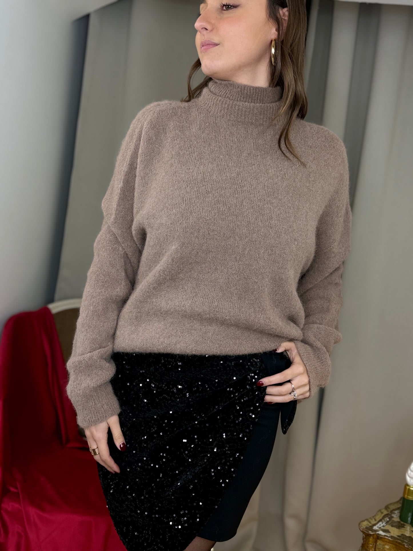 Maglia collo rialzato in baby alpaca CAMEL