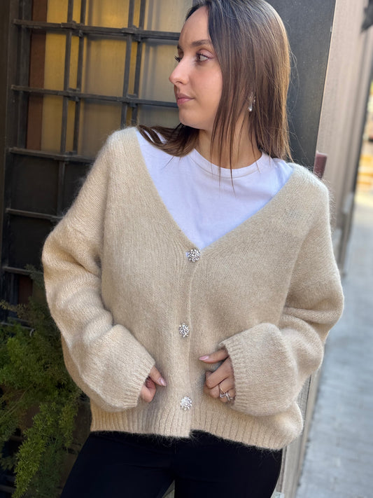 Cardigan ISABELLE scollo a V con bottoni gioiello BURRO