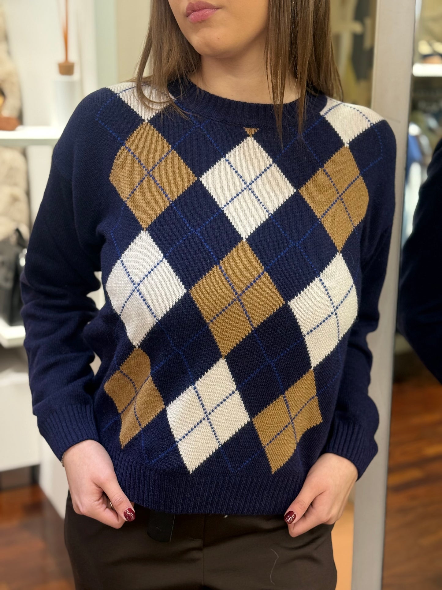 Tensione In Maglia paricollo rombi BLU/CAMEL/PANNA