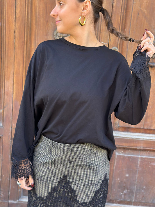 Tensione in T-shirt pizzo NERO/NERO