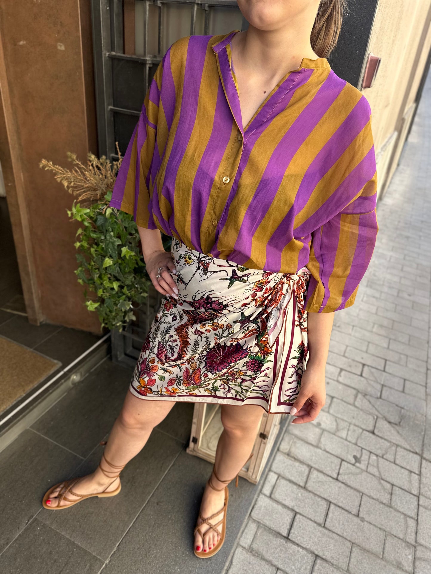 Tensione in Camicia a righe VIOLA/CUOIO