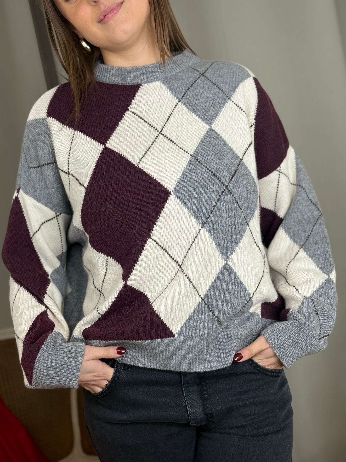 Tensione In maglia paricollo rombi GRIGIO/BURRO/BORDO