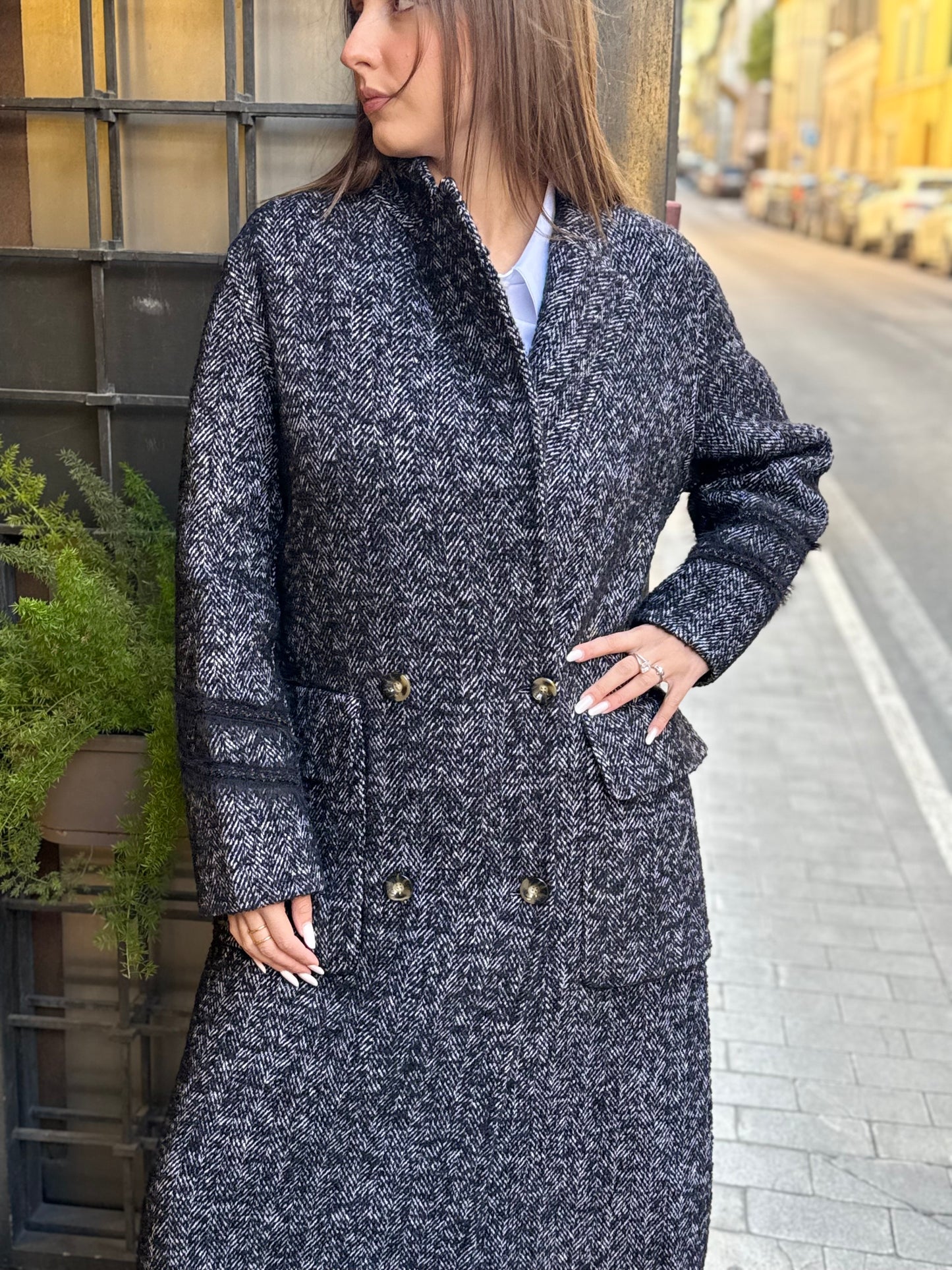 SINCE'RE PARIS Cappotto lungo doppiopetto  WHITE/BLACK