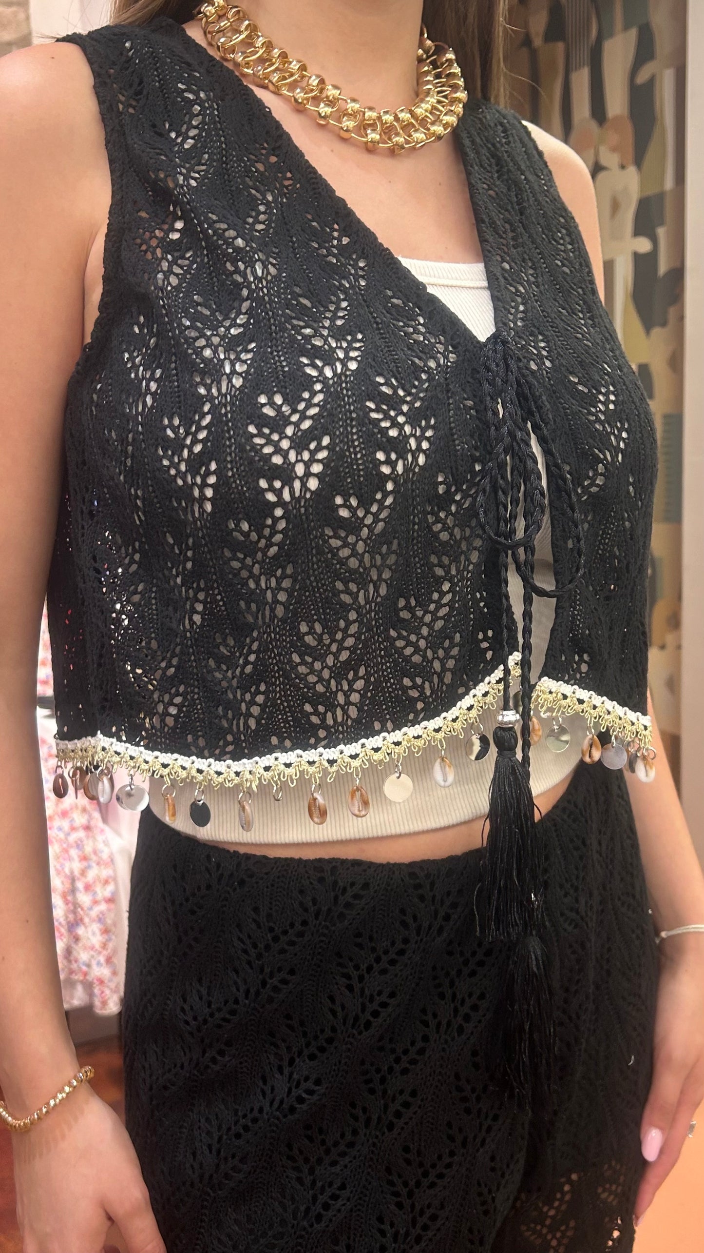 GILET pizzo e conchiglie NERO