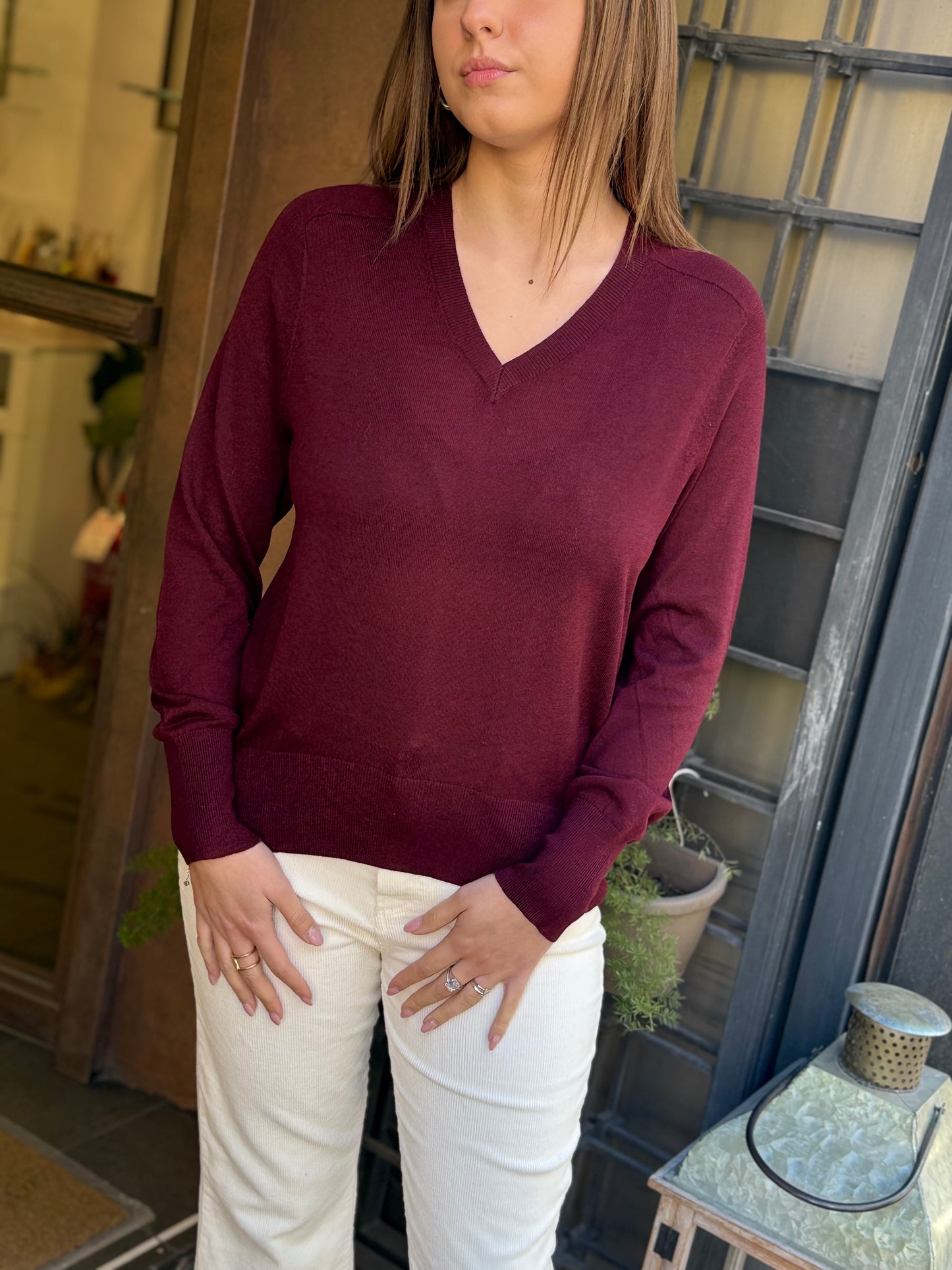 Maglia scollo a V misto lana merino BORDEAUX