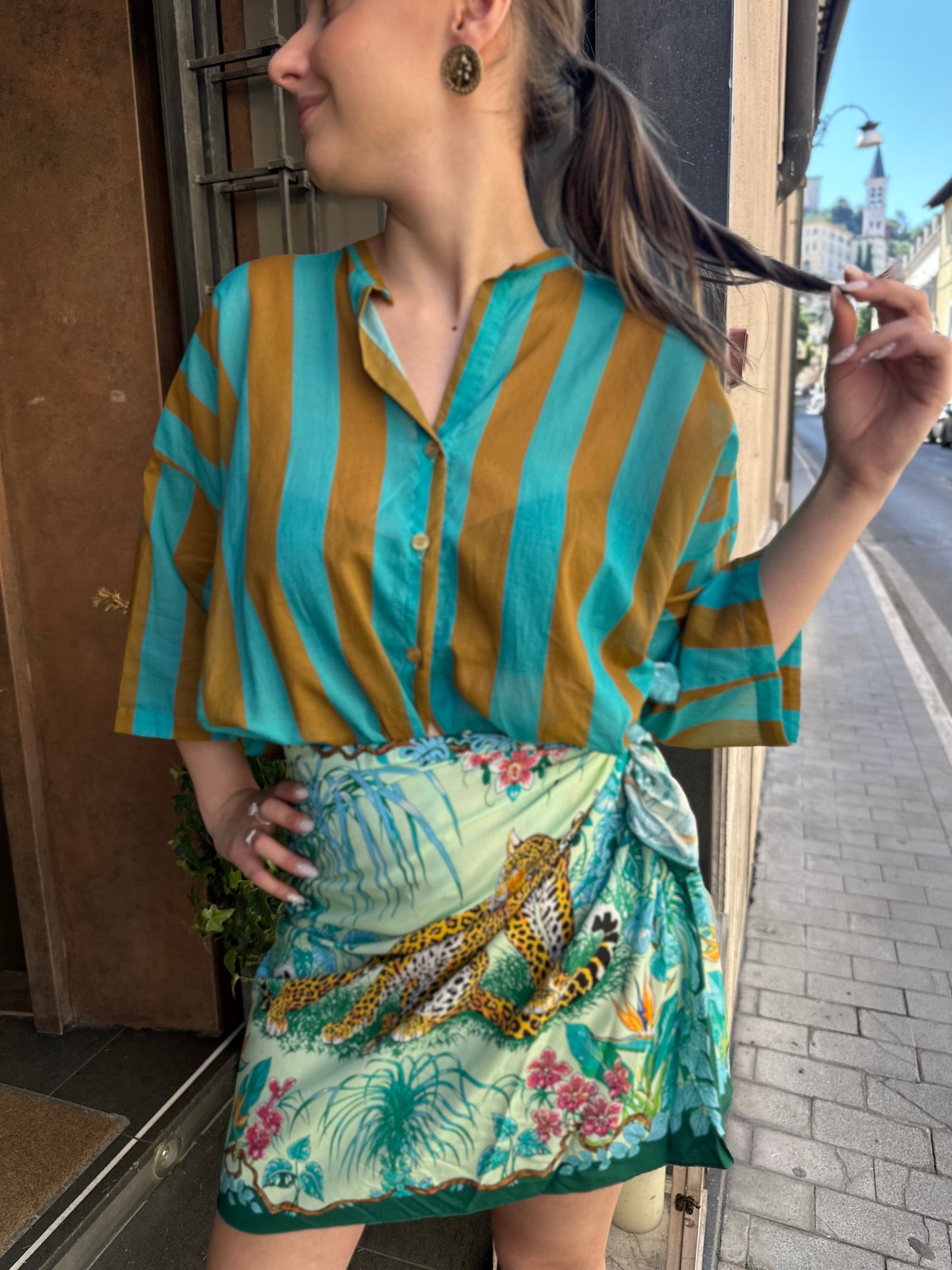 Tensione in Camicia a righe Turchese/cuoio