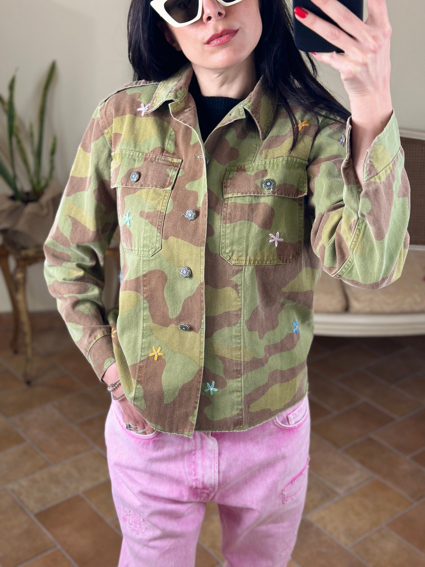 SINCE'RE hand embroidery flowers overshirt camouflage