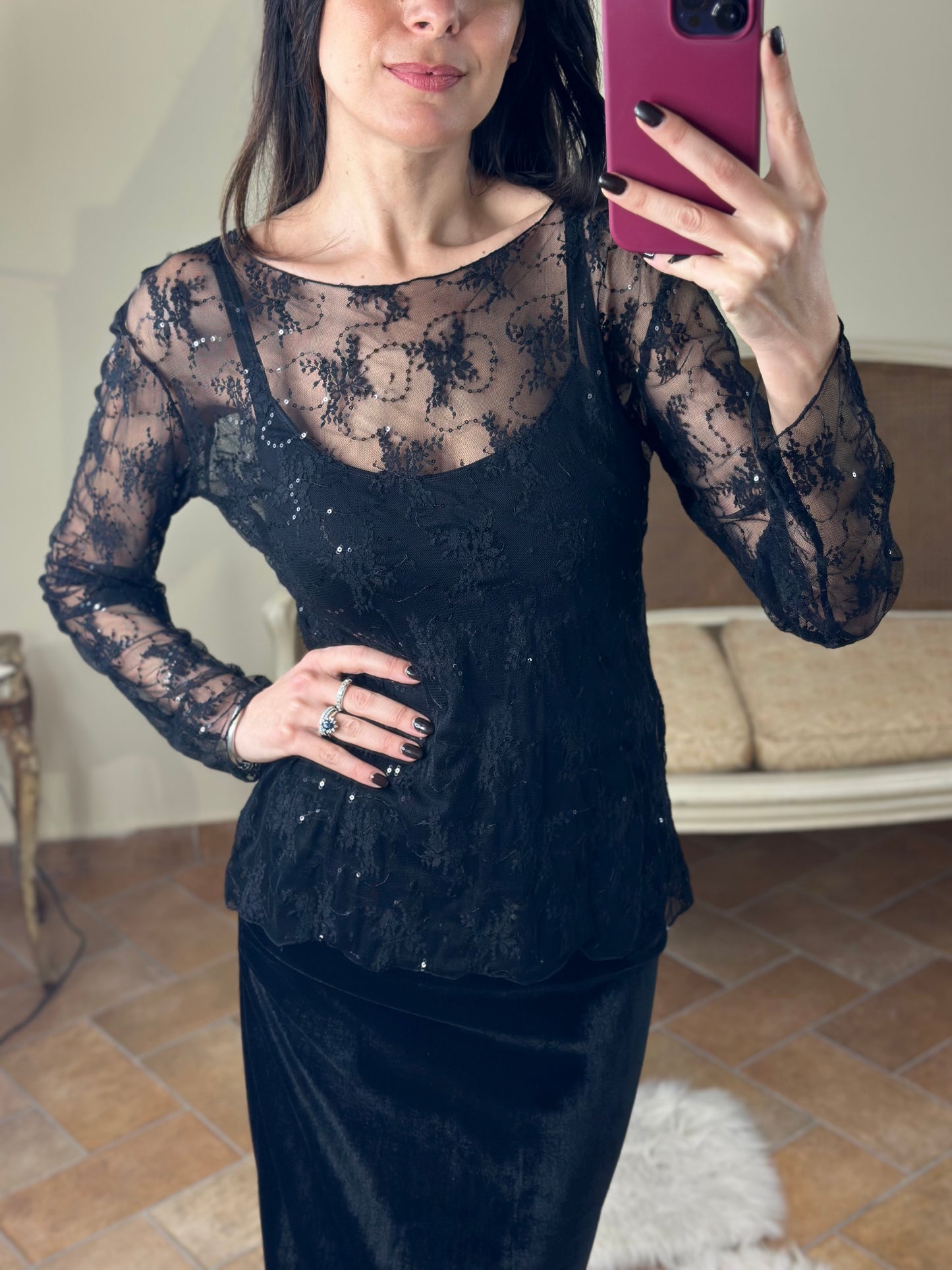 Maglia in pizzo NERA con micro paillettes