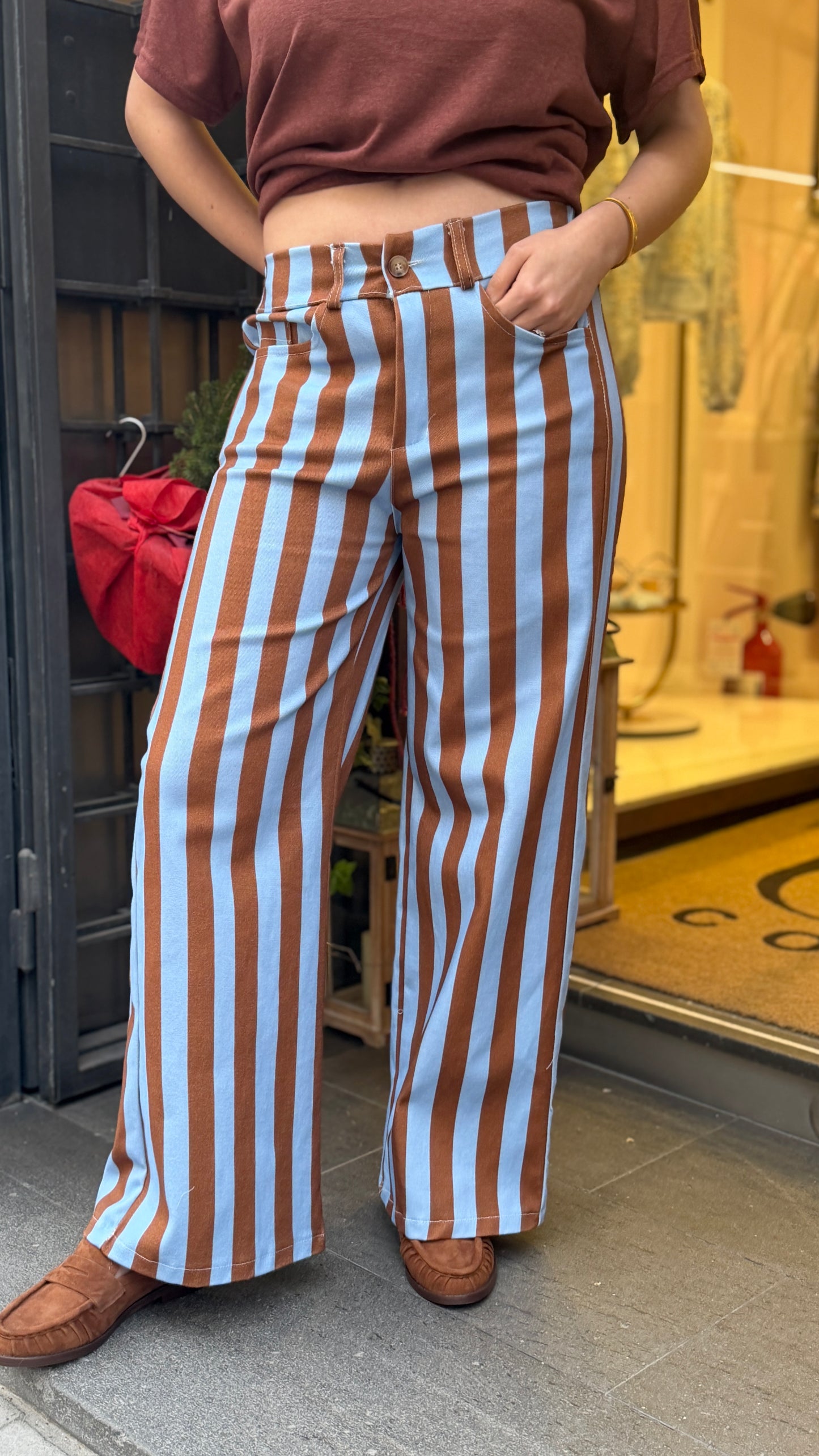 Pantalone a righe celeste/moro