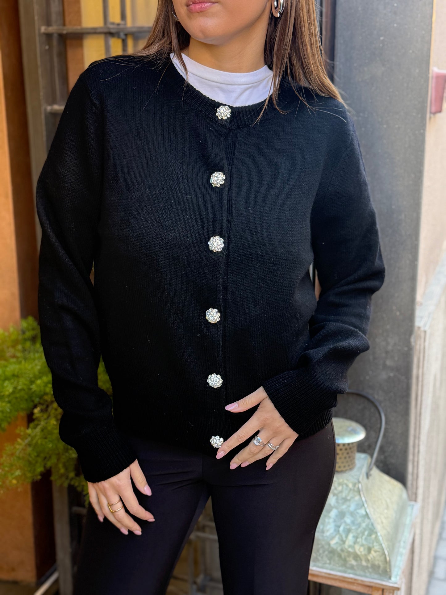 Cardigan GIOIA girocollo con bottoni gioiello NERO