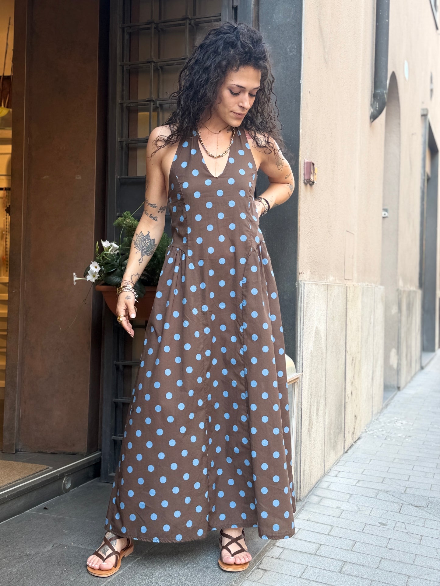 Abito lungo a pois Moro/Denim