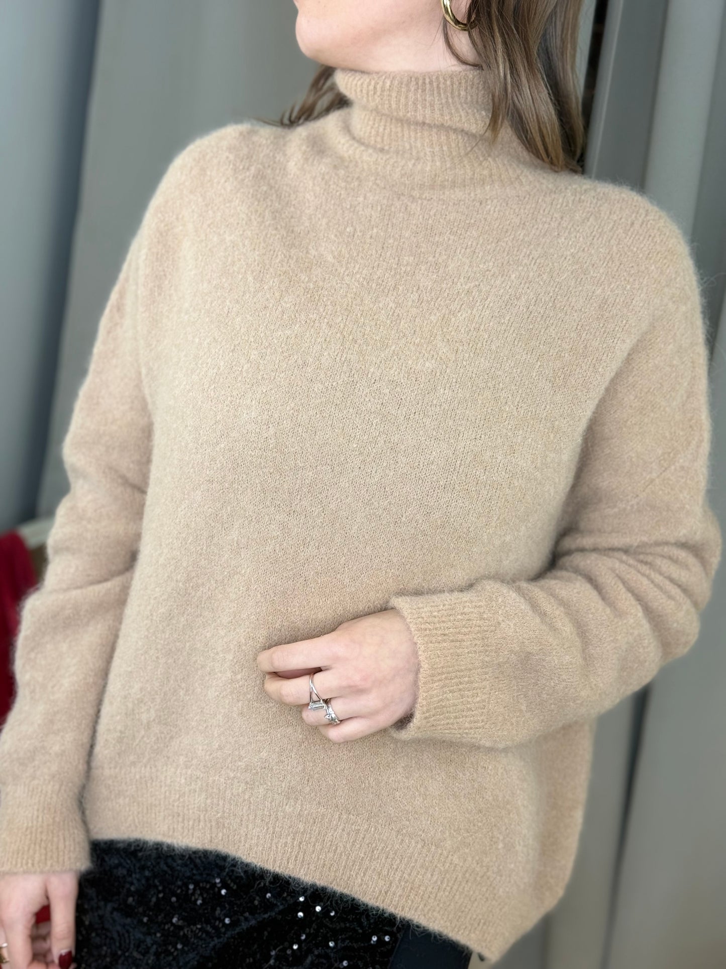 Maglia collo rialzato in baby alpaca TAUPE