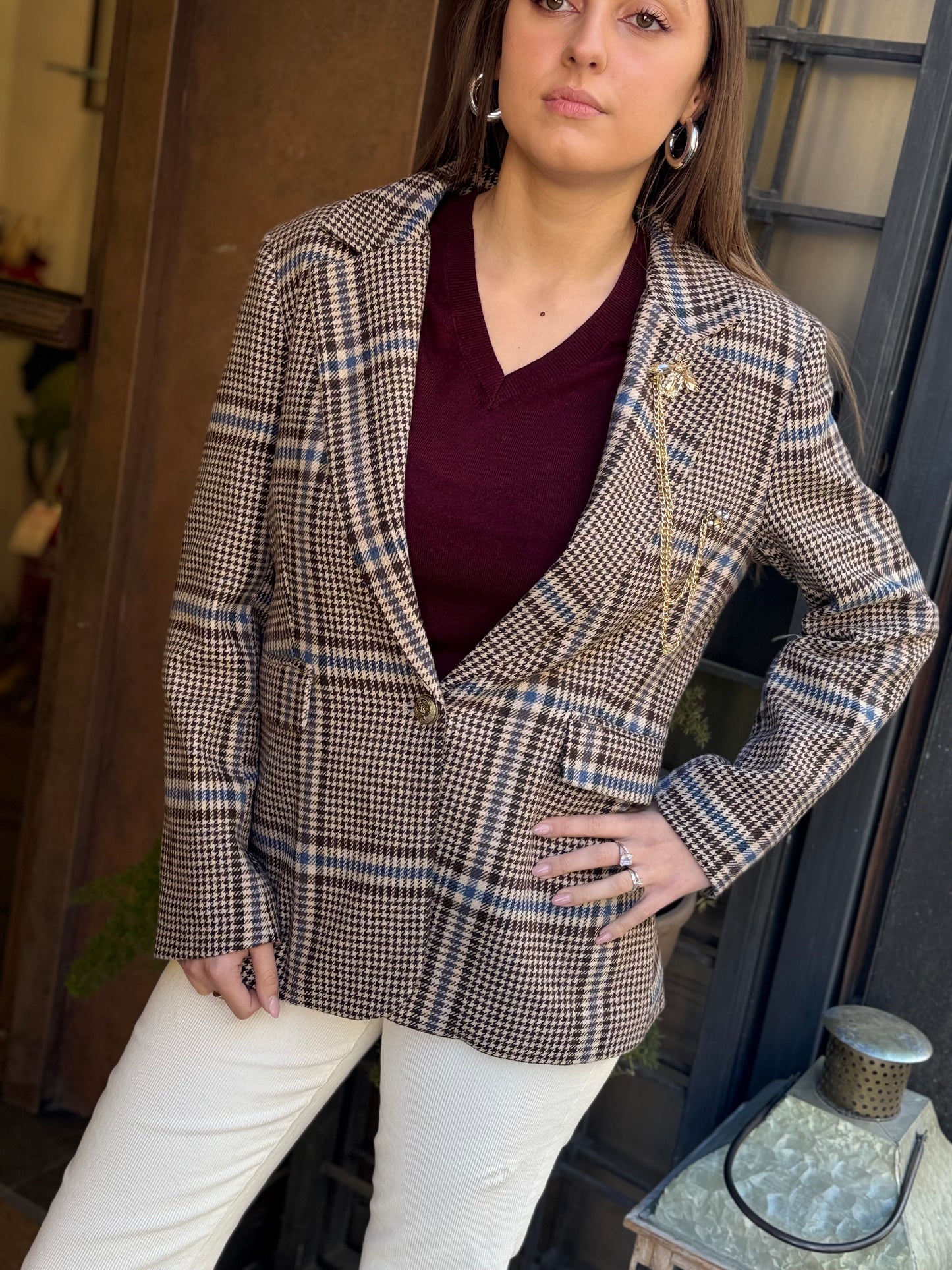 Tensione In Giacca check MORO/CELESTE con spille catena