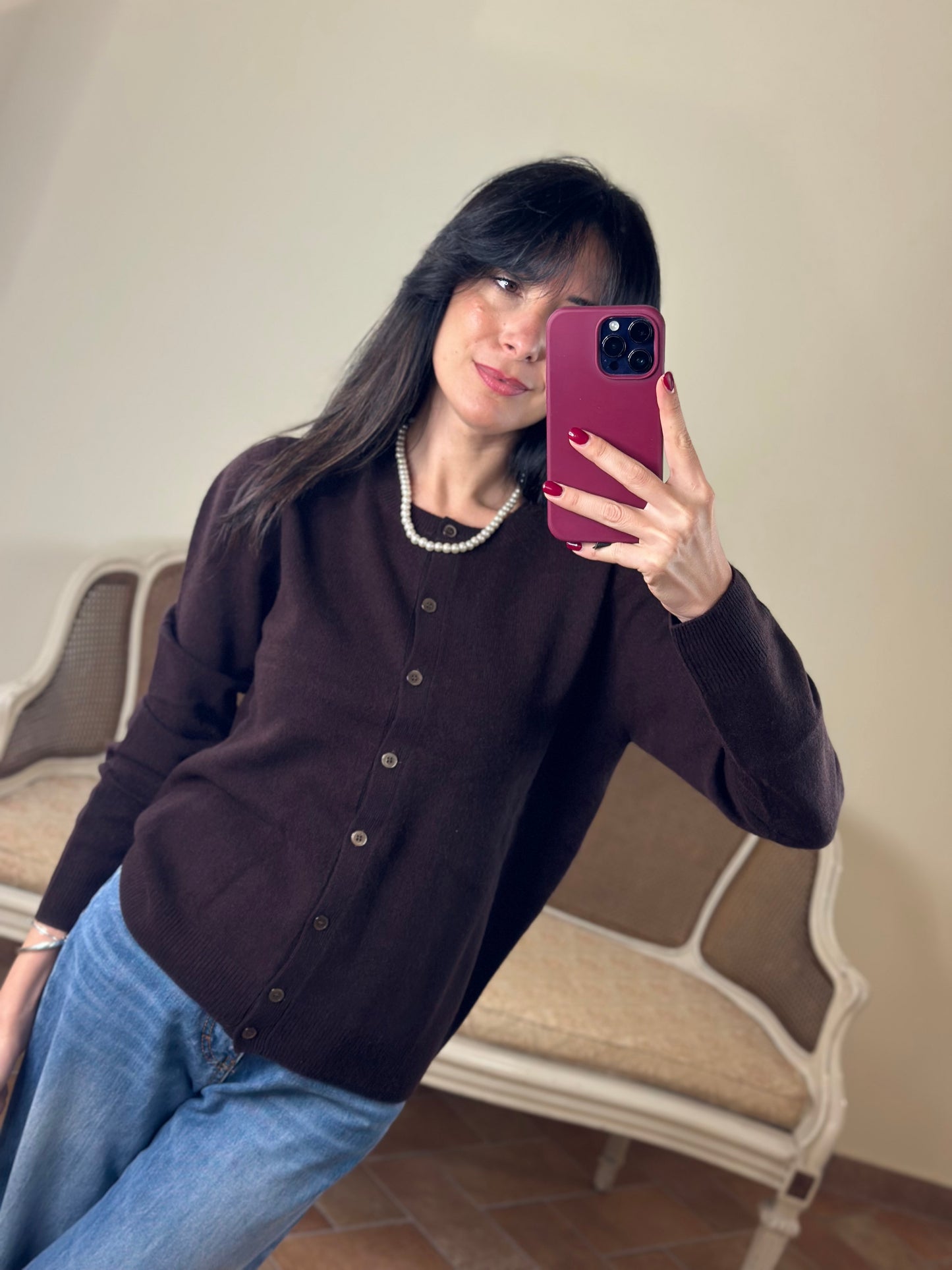 Cardigan CARLA paricollo misto cashmere CAFFEE