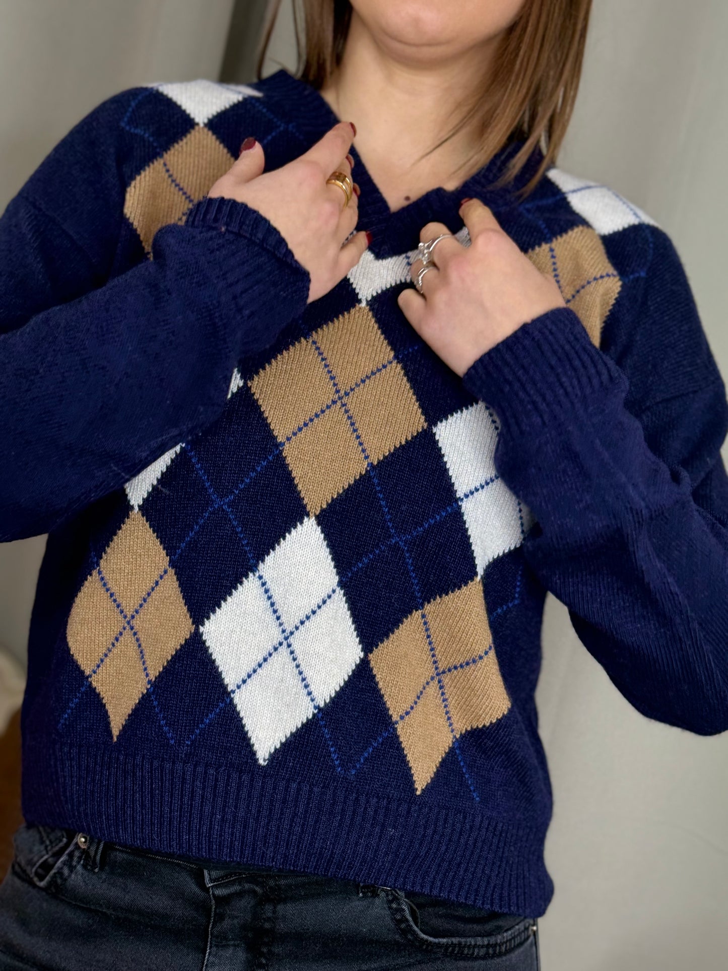 Tensione In maglia a V rombi BLU/BURRO/CAMEL