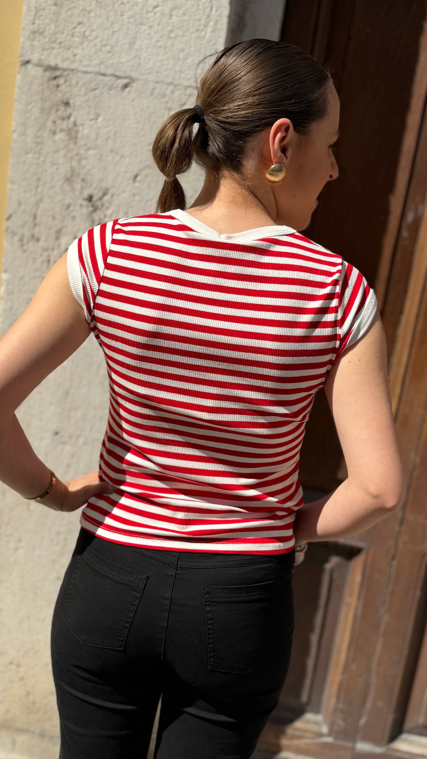 Tensione in t-shirt costina rigata Bianco/rosso
