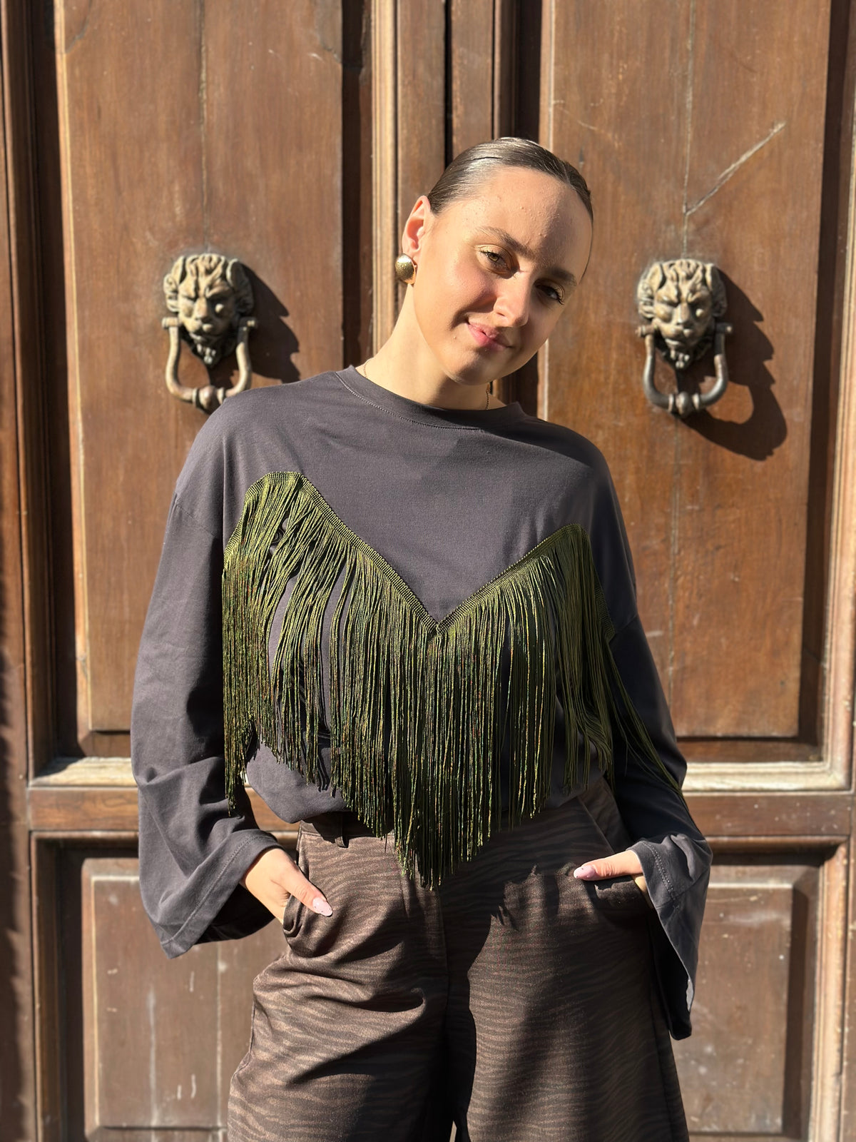 Tensione in maglia con frange ANTRACITE/MILITARE