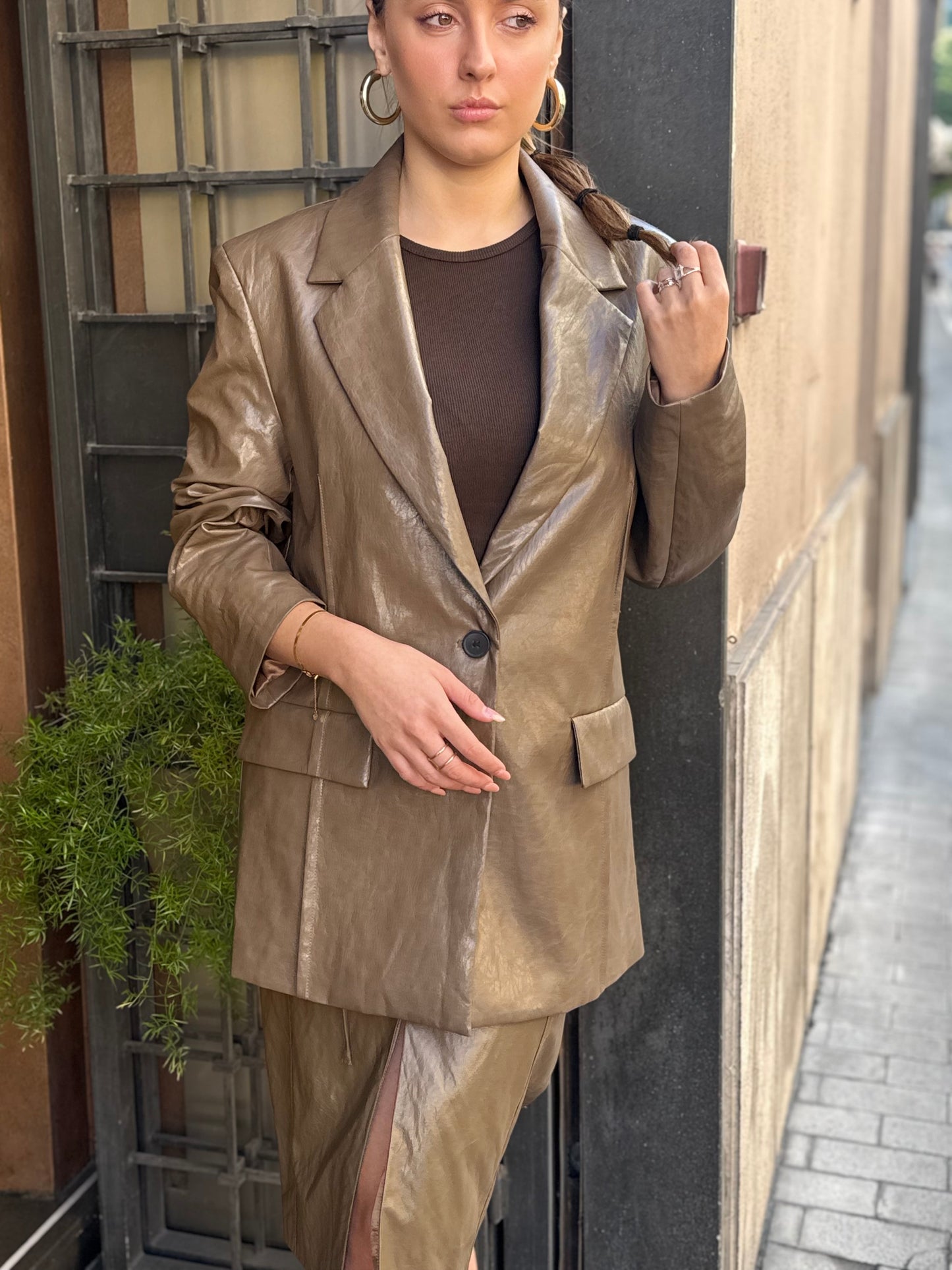 Eleh Blazer in ecopelle stropicciata VERDE OLIVA