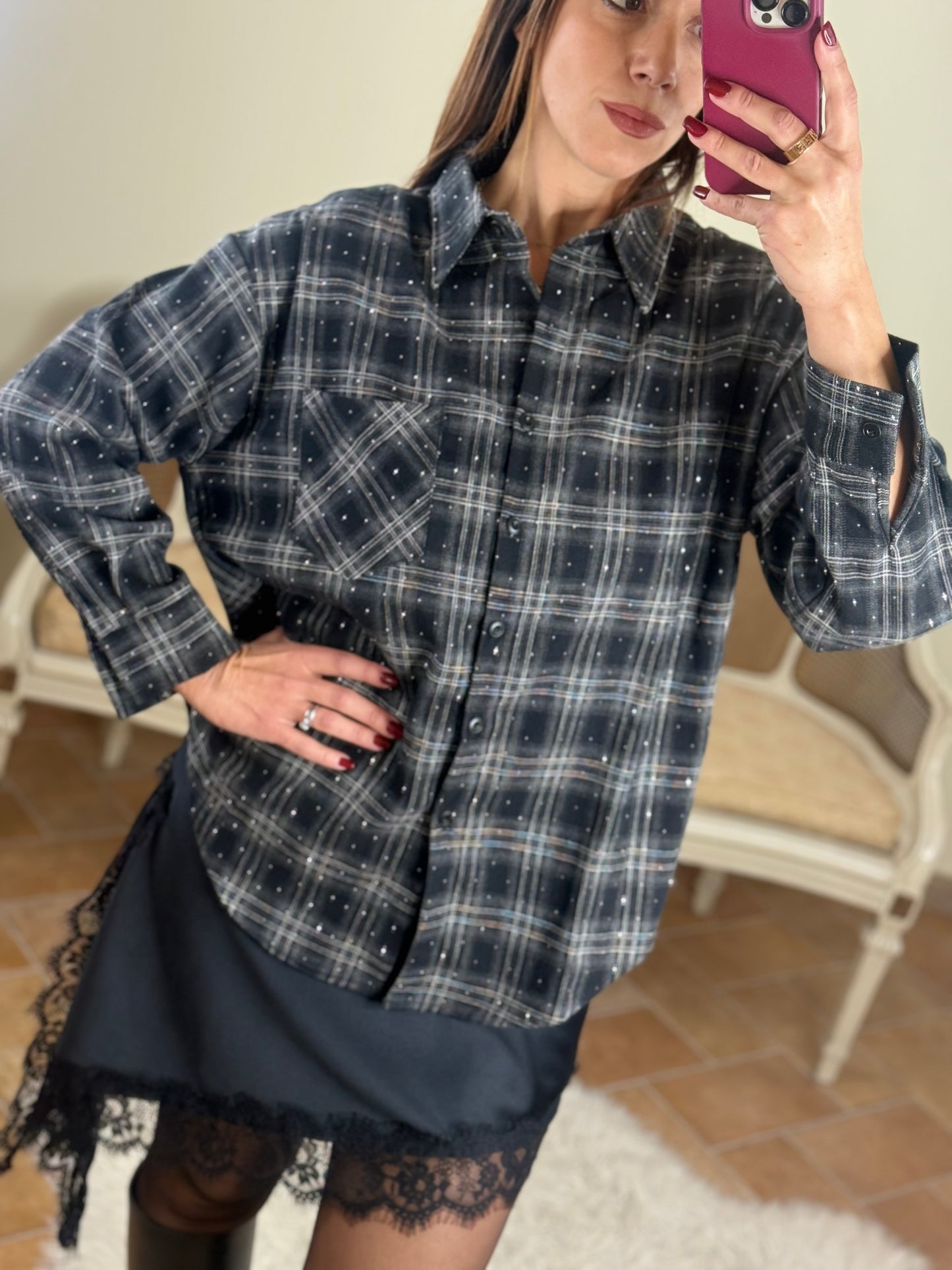 Camicia JOY quadri con punti luce NERO/BIANCO