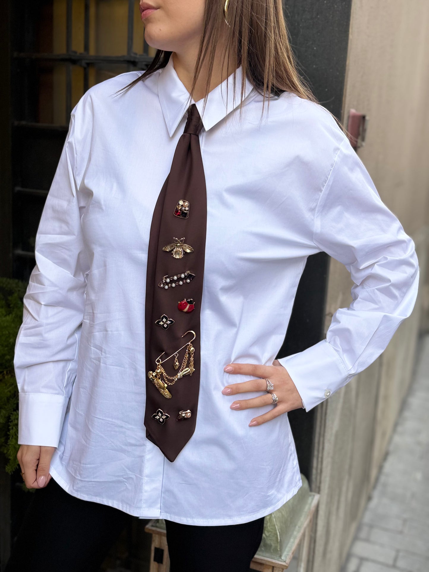 Tensione In Camicia cravatta con spille BIANCO/MORO