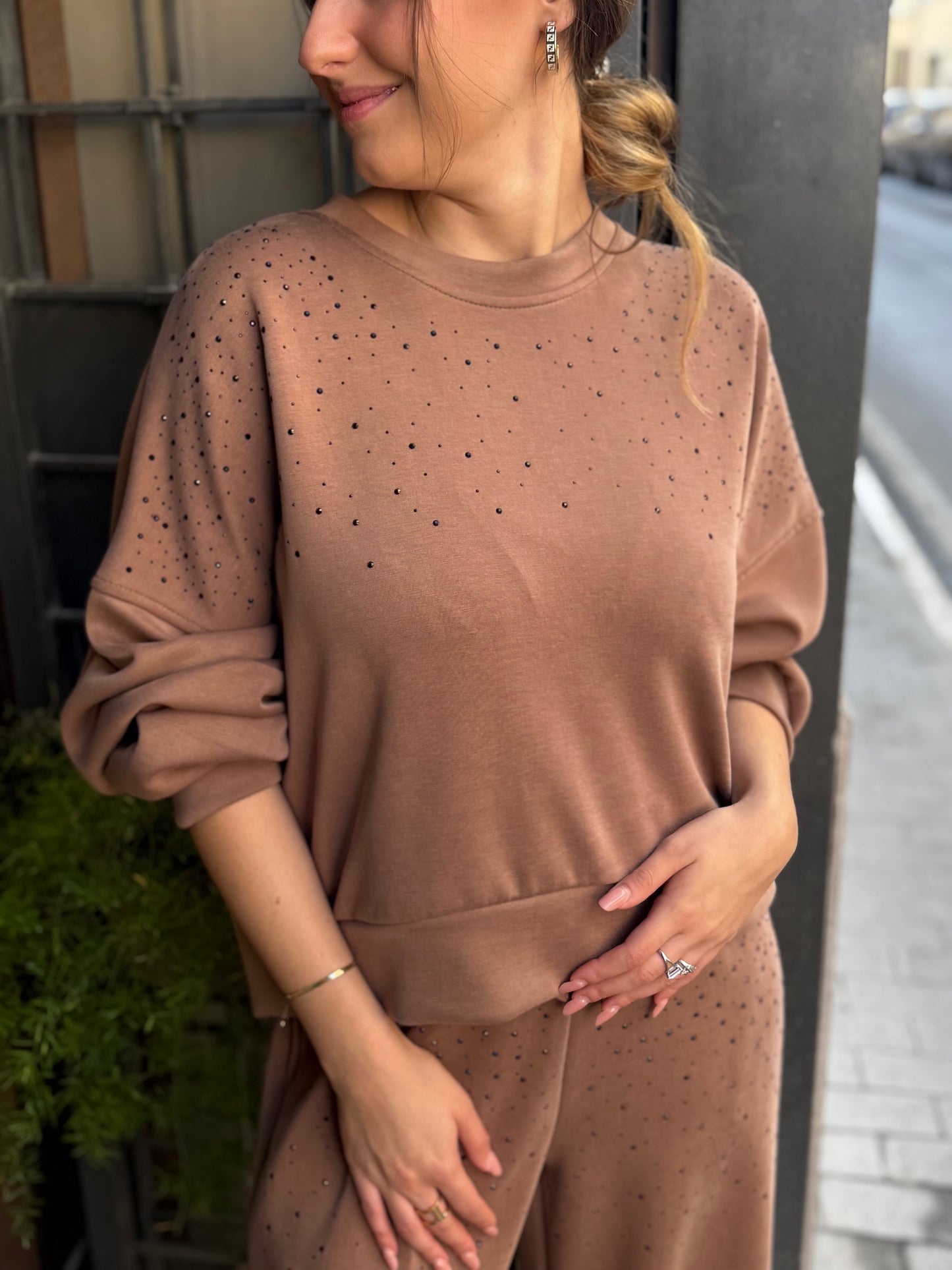 Felpa in modal con strass BEIGE