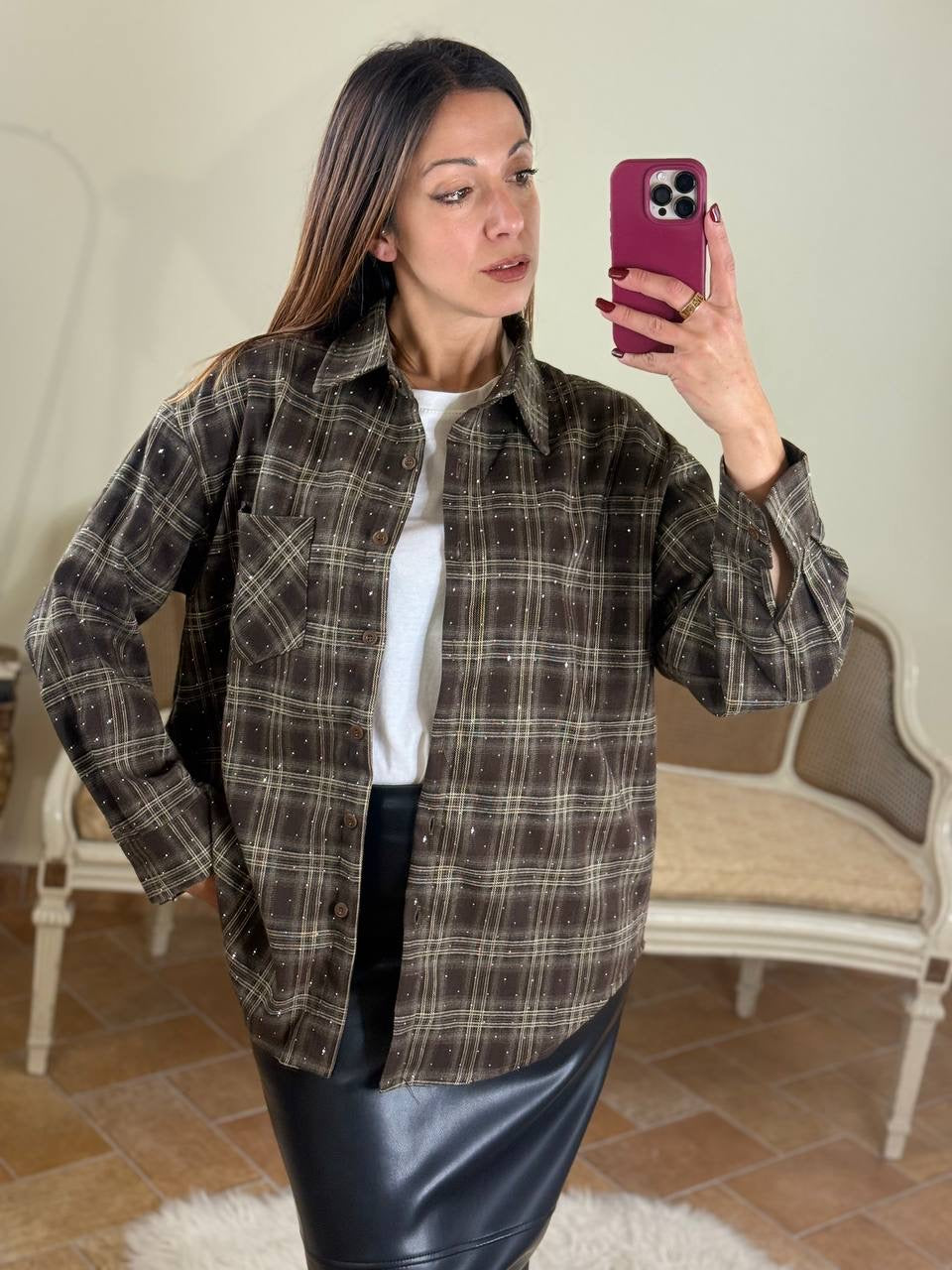 Camicia JOY quadri con punti luce MORO/BEIGE