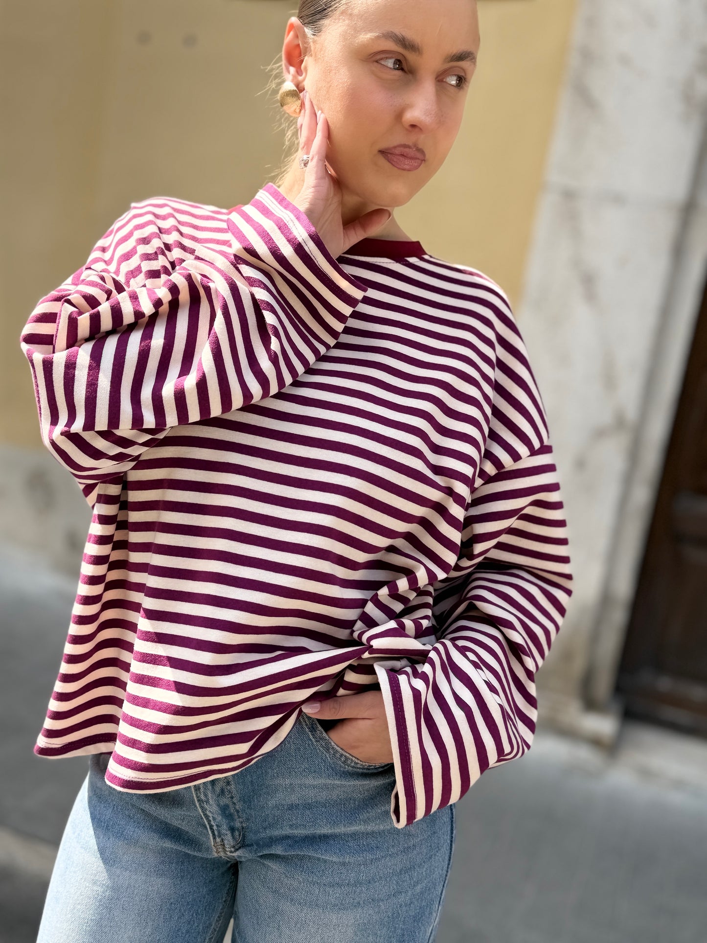 T-Shirt girocollo a righe BORDEAUX/VIOLA/BURRO