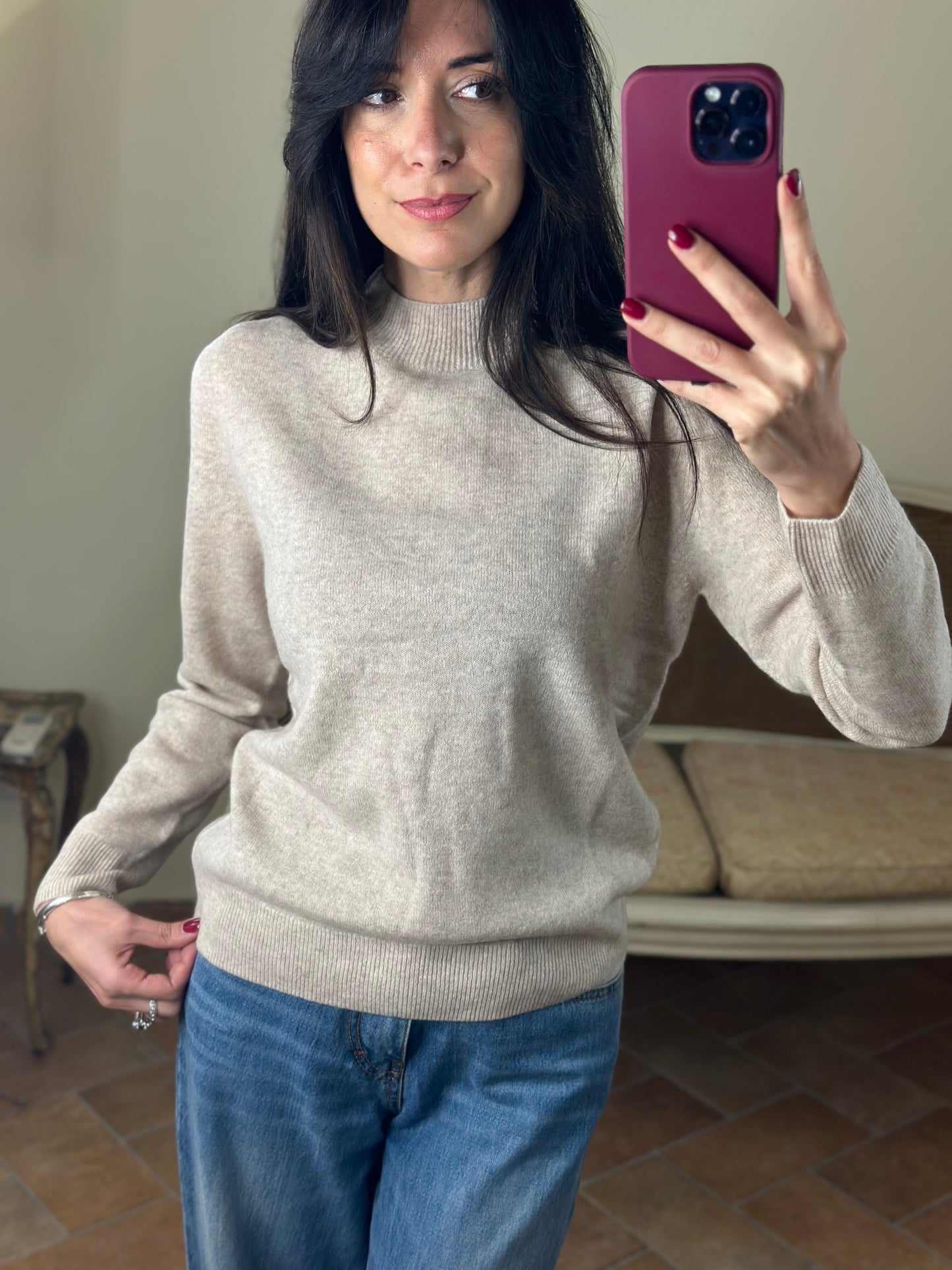 Maglia ANNA mezzo collo misto cachemire BEIGE