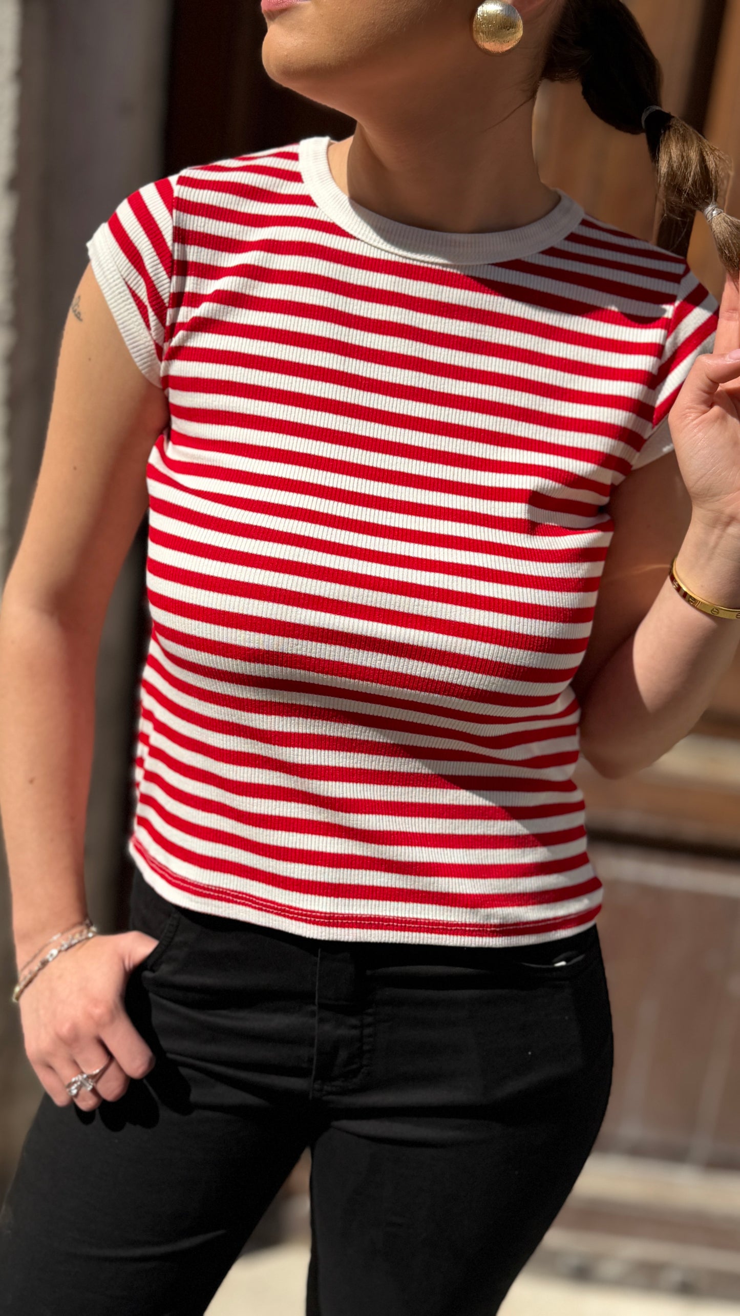 Tensione in t-shirt costina rigata Bianco/rosso