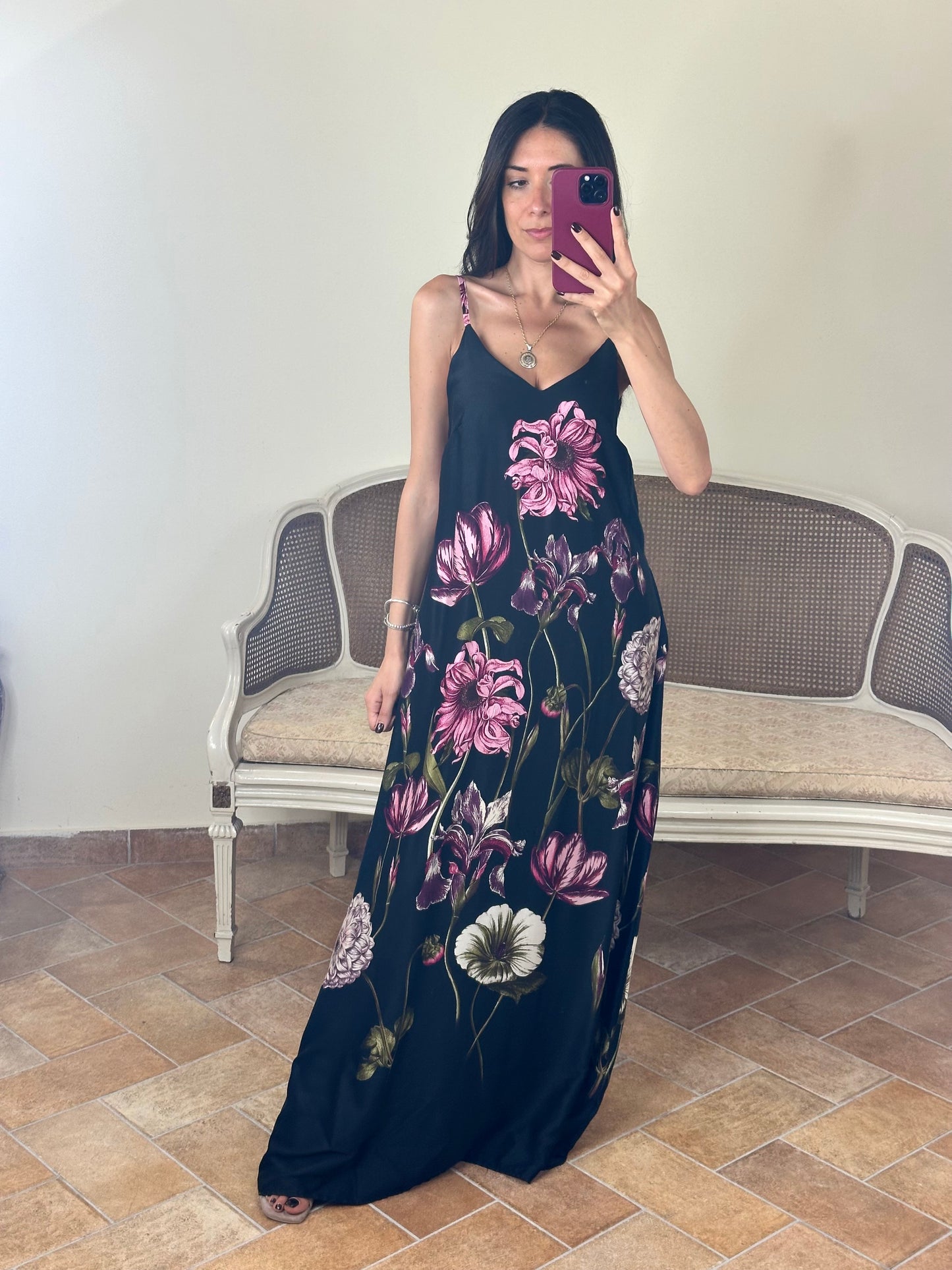 Abito lingerie NERO con stampa floreale