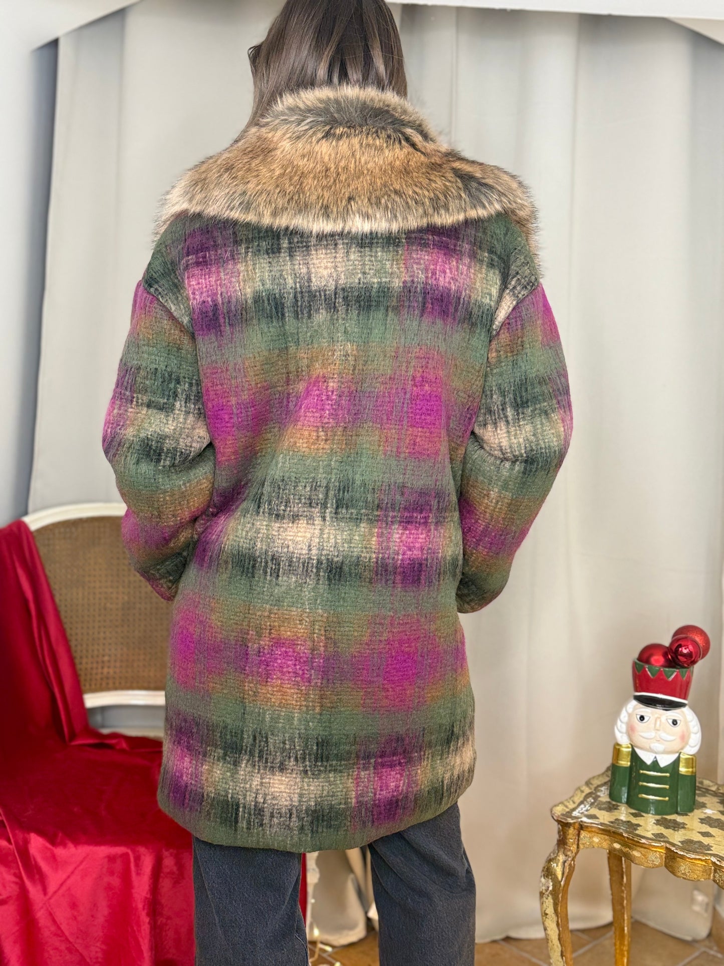 Cappotto in lana midi check con colletto pelliccia MILITARE/BEIGE/FUCSIA